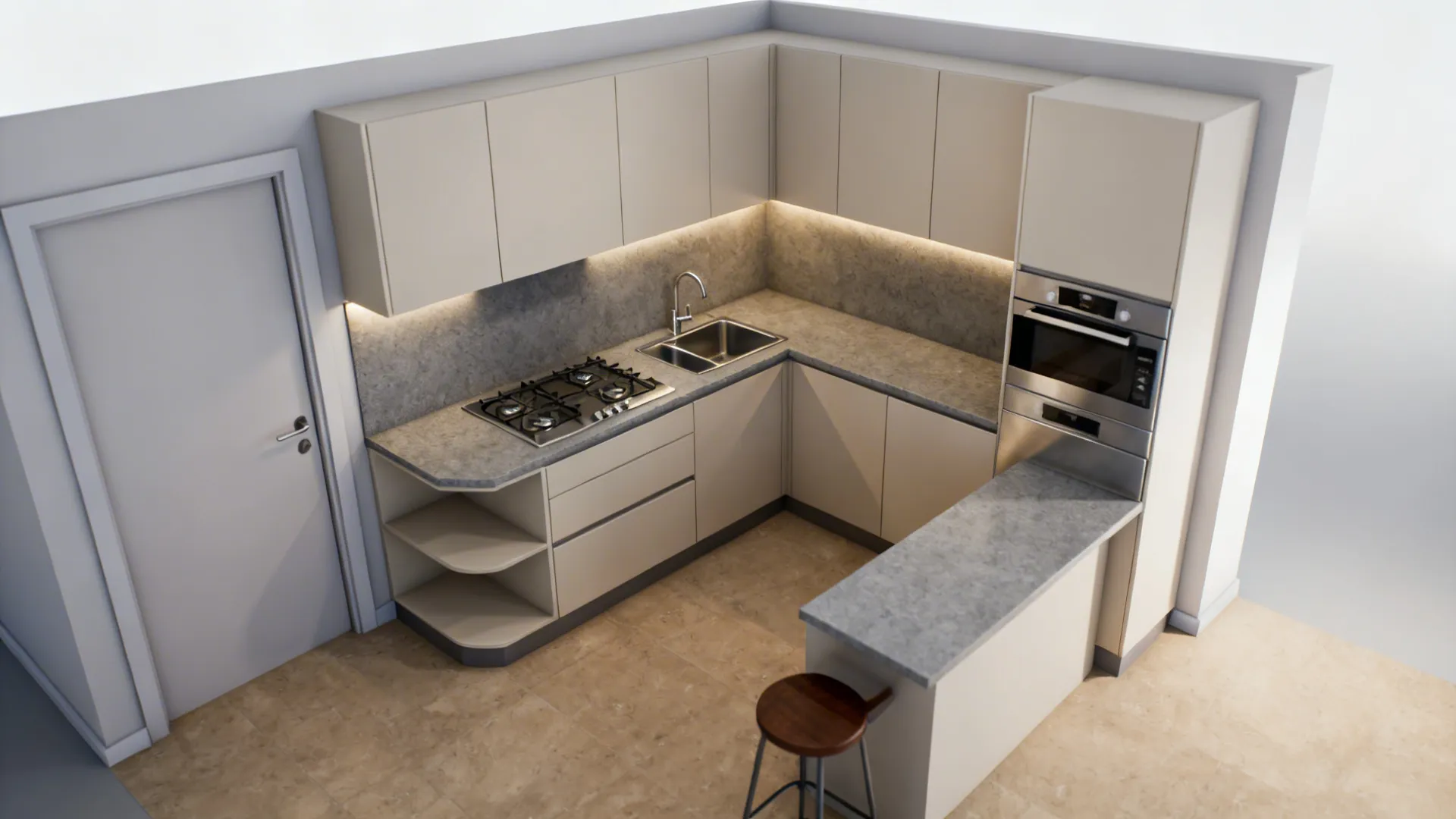 Compact L-shaped kitchen with long prep run and corner base in soft daylight.