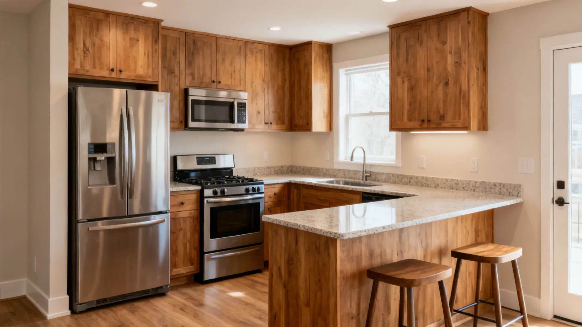 Compact L-shaped kitchen with uninterrupted counters and counter-depth appliances.