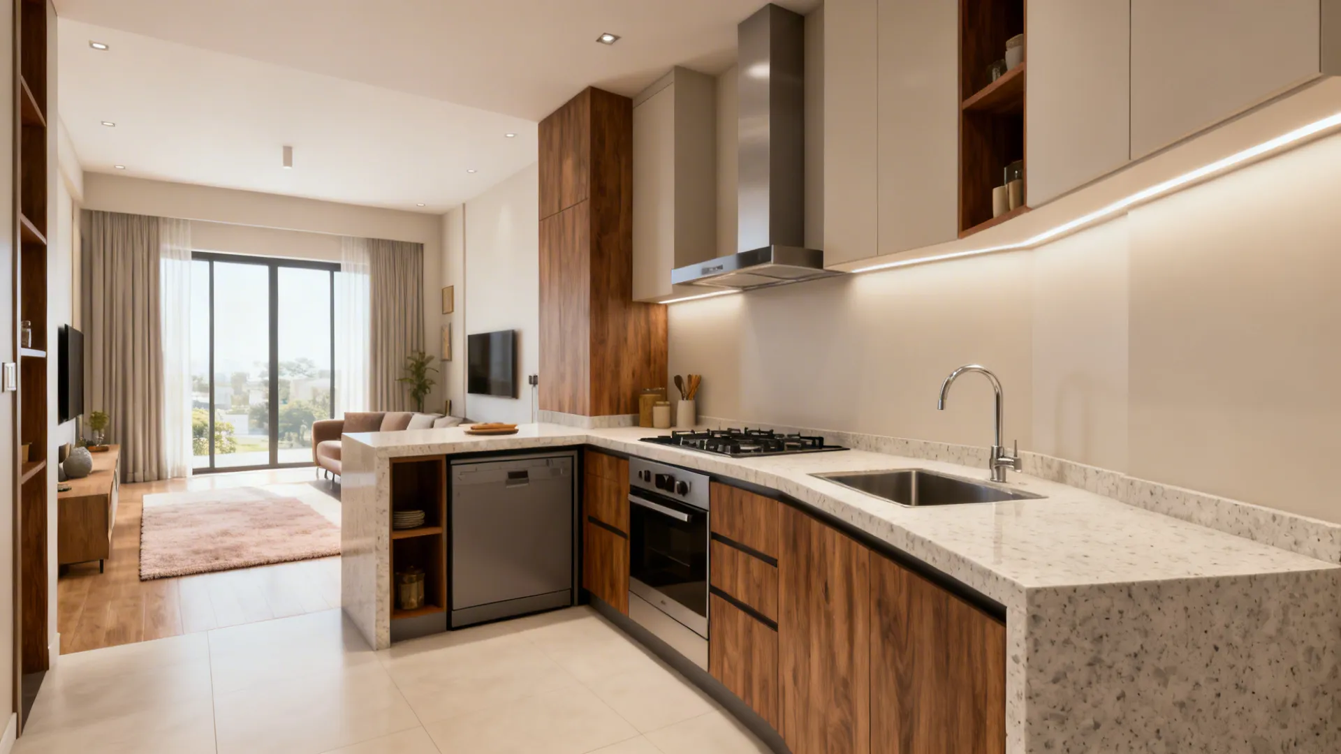 Compact L-shaped open kitchen with a long prep counter and sink on the short leg.