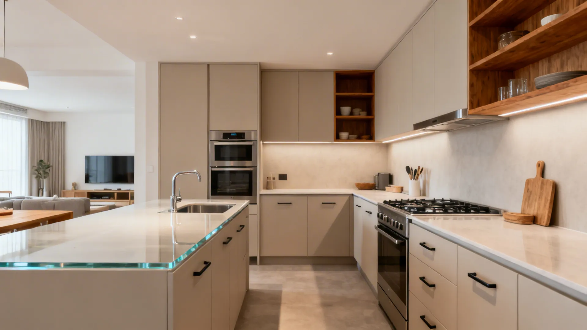 L-shaped compact kitchen with clear prep run and efficient work triangle.