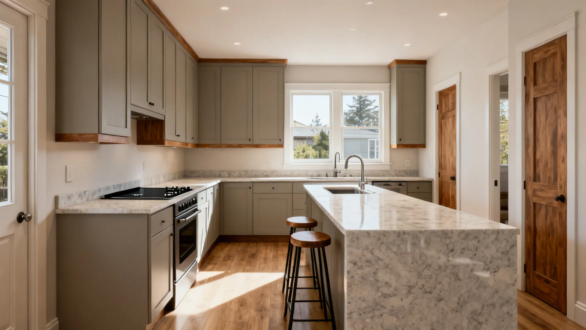 L-shaped small kitchen with continuous counter and compact peninsula seating.
