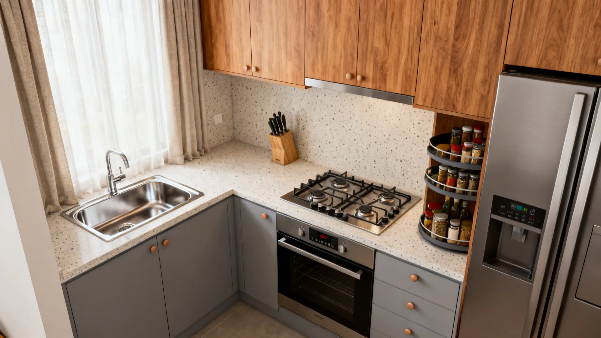 3) L-shaped layout for more prep and a safer work triangle