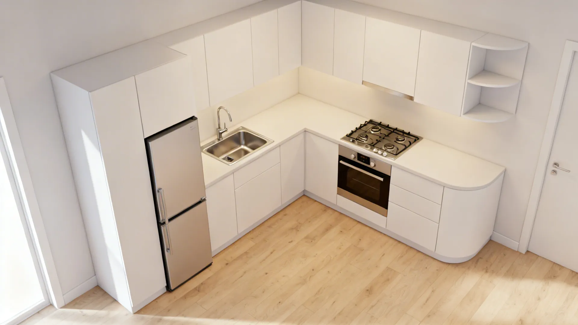 Compact L-shaped kitchen with clear work triangle and a corner lazy Susan.