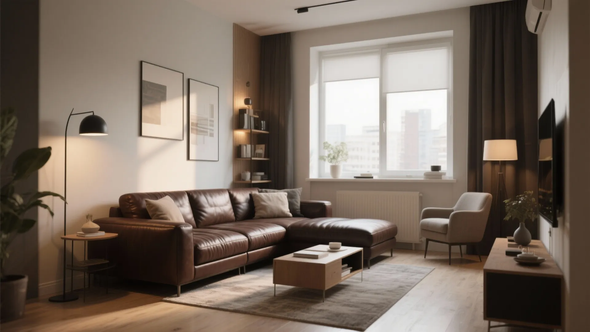 L-shaped leather sectional in studio apartment layout
