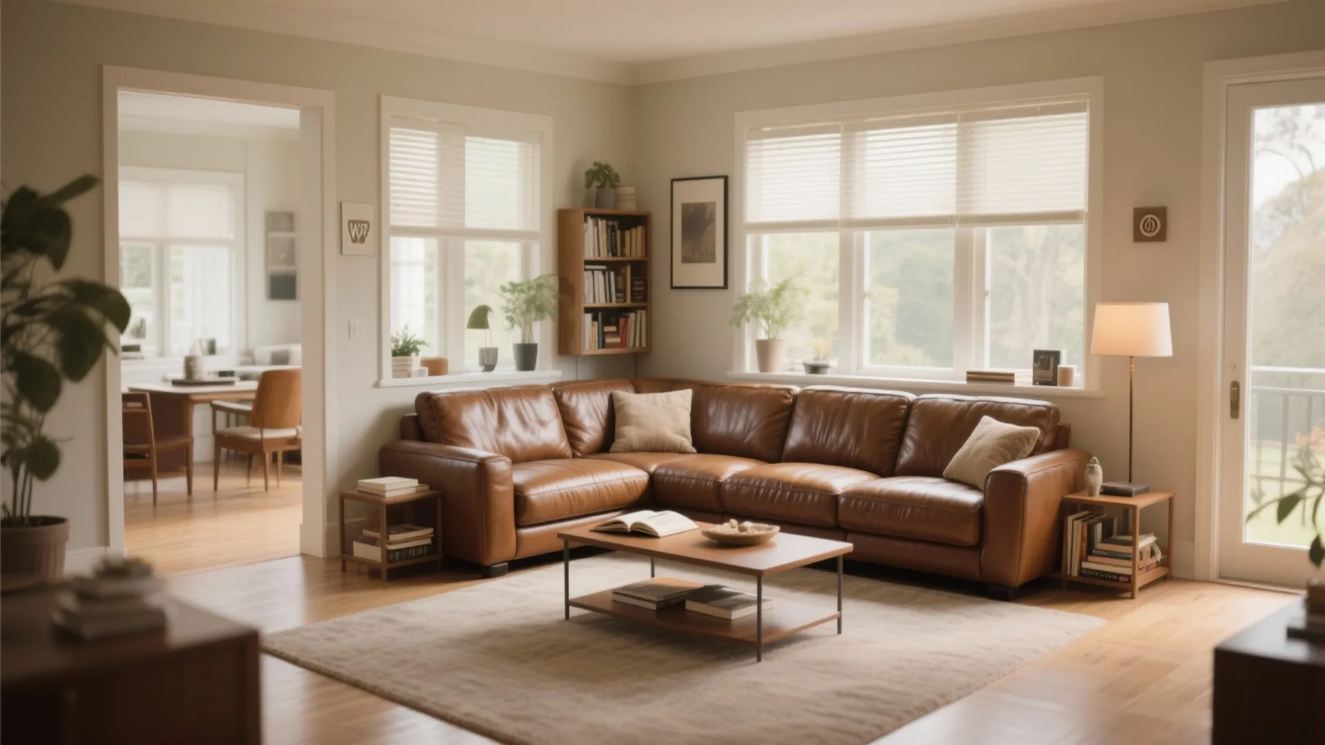 L-shaped leather sectional in a corner layout