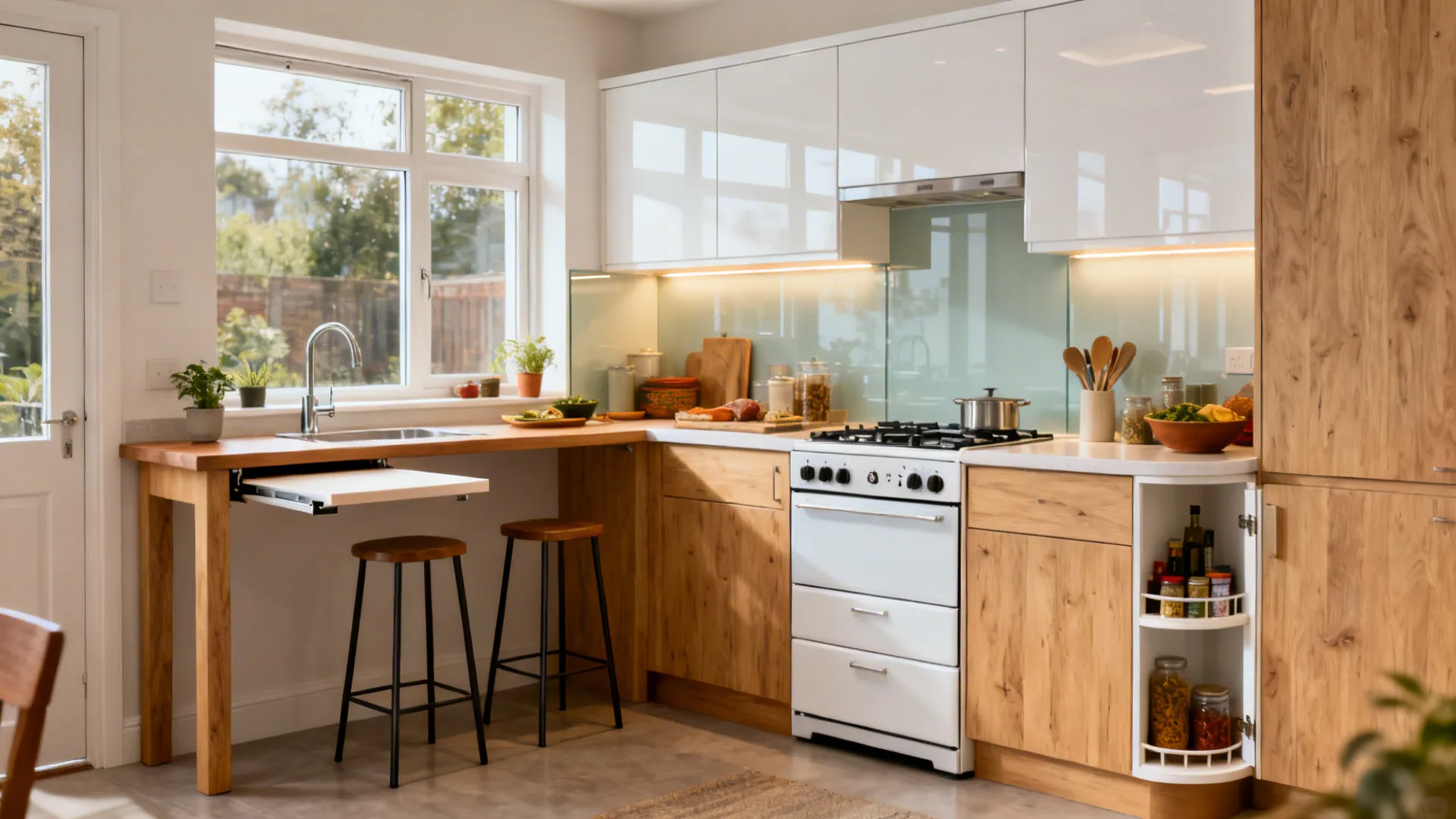 L-shaped compact kitchen with a fold-down dining ledge and two stools near the window.