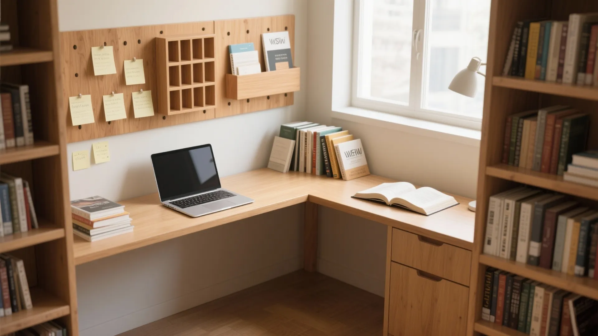 Wooden L shaped desk with laptop and wall board between two tall bookshelves near window