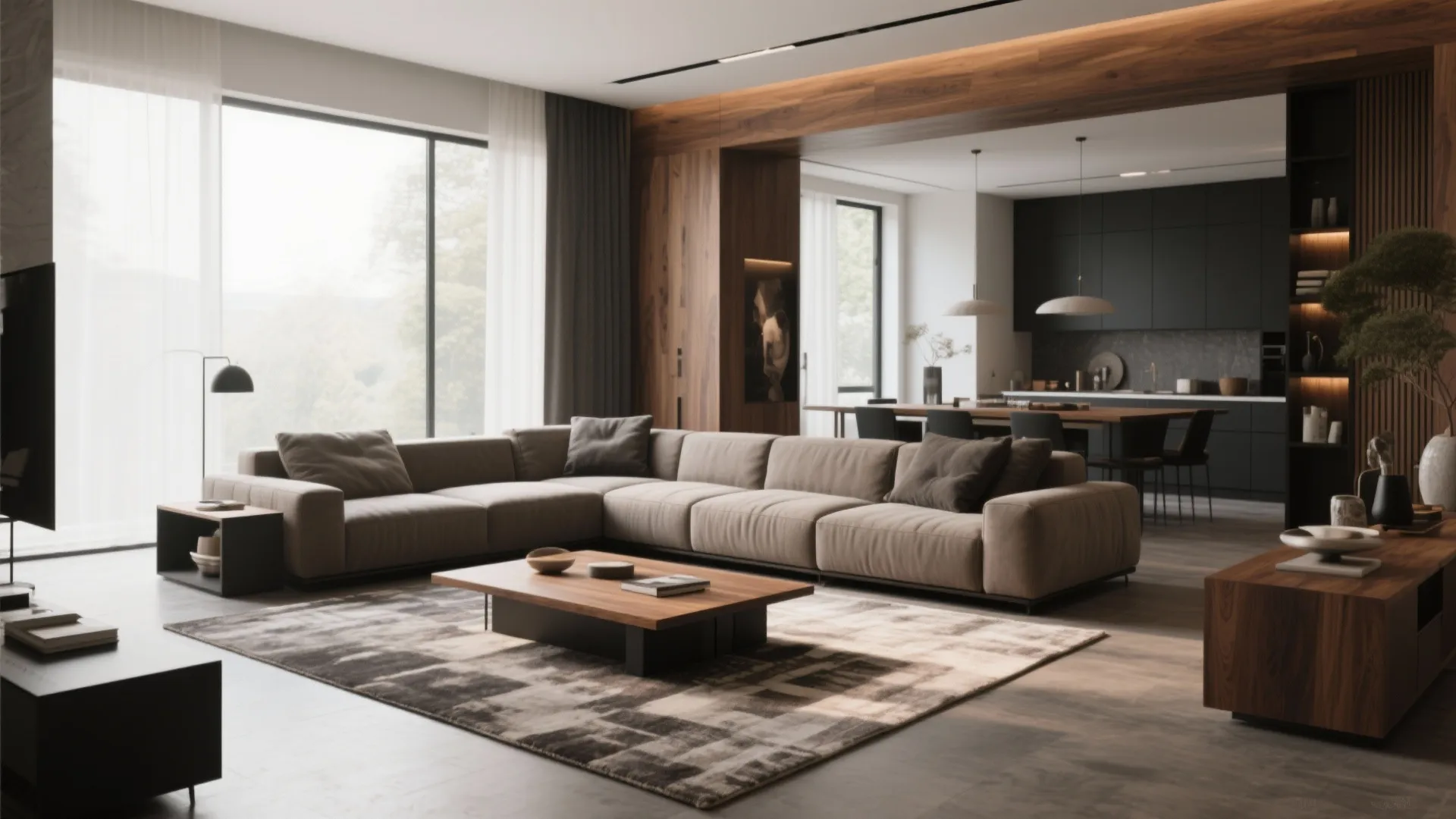 Spacious open plan living room with large sofa coffee table rug wood panel and kitchen view