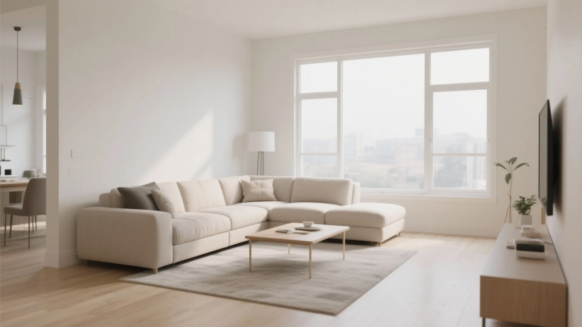 Modern living room with cream corner sofa, large window, wooden floor, and grey area rug