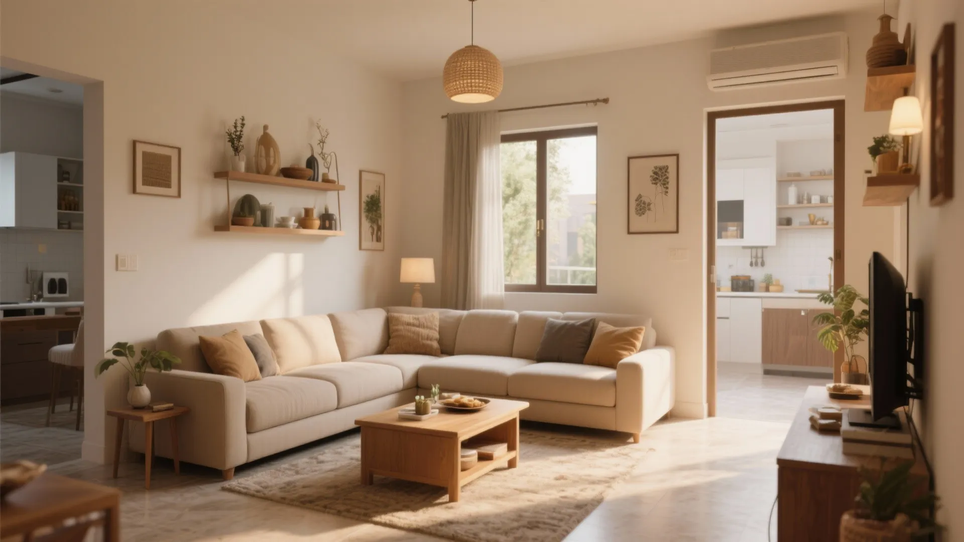 Modern warm living room with beige L-shaped sofa wooden coffee table ceiling light and natural sunlight