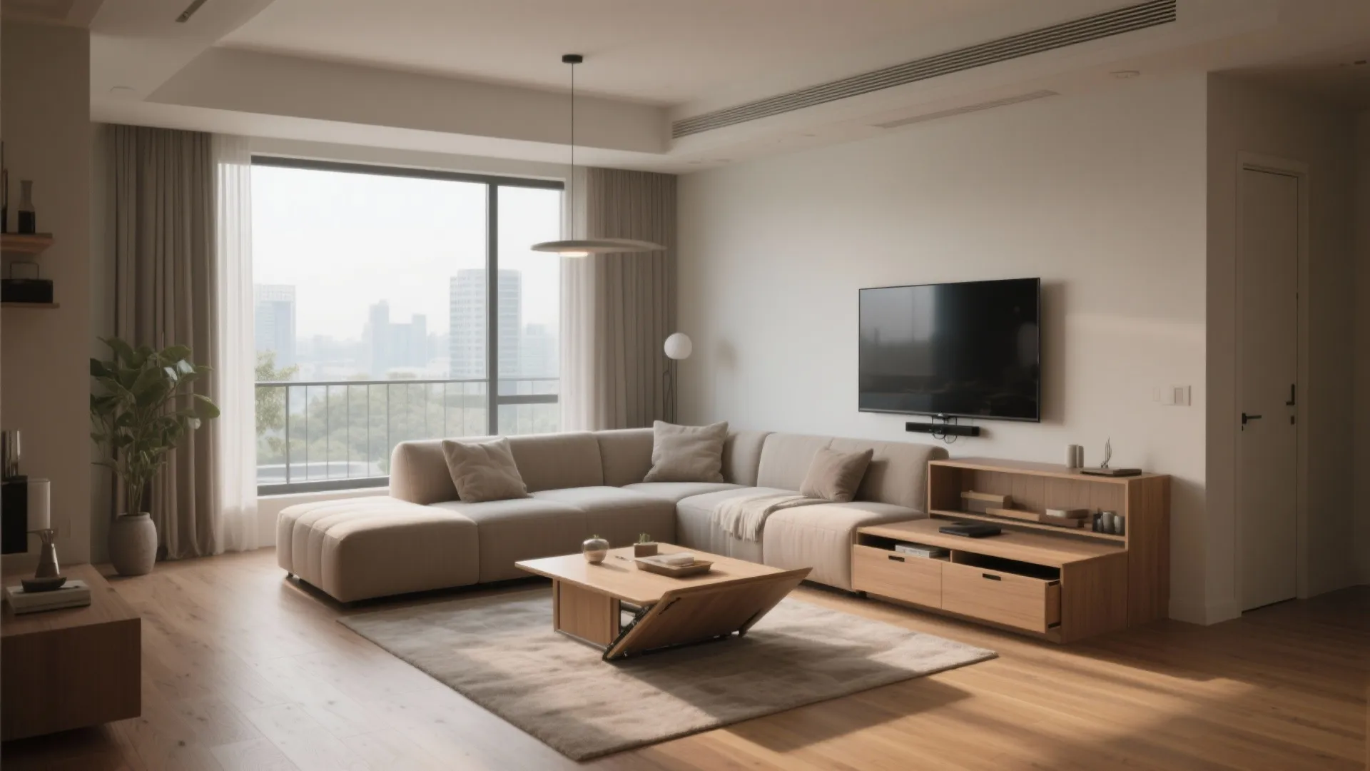 Modern living room with beige sofa wooden coffee table television and large window with city view