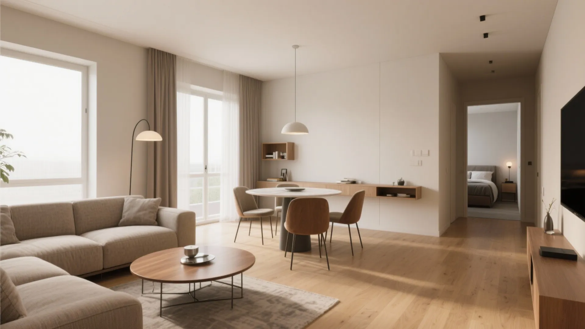 L-shaped living-dining with round table, slim console, and study nook under soft daylight