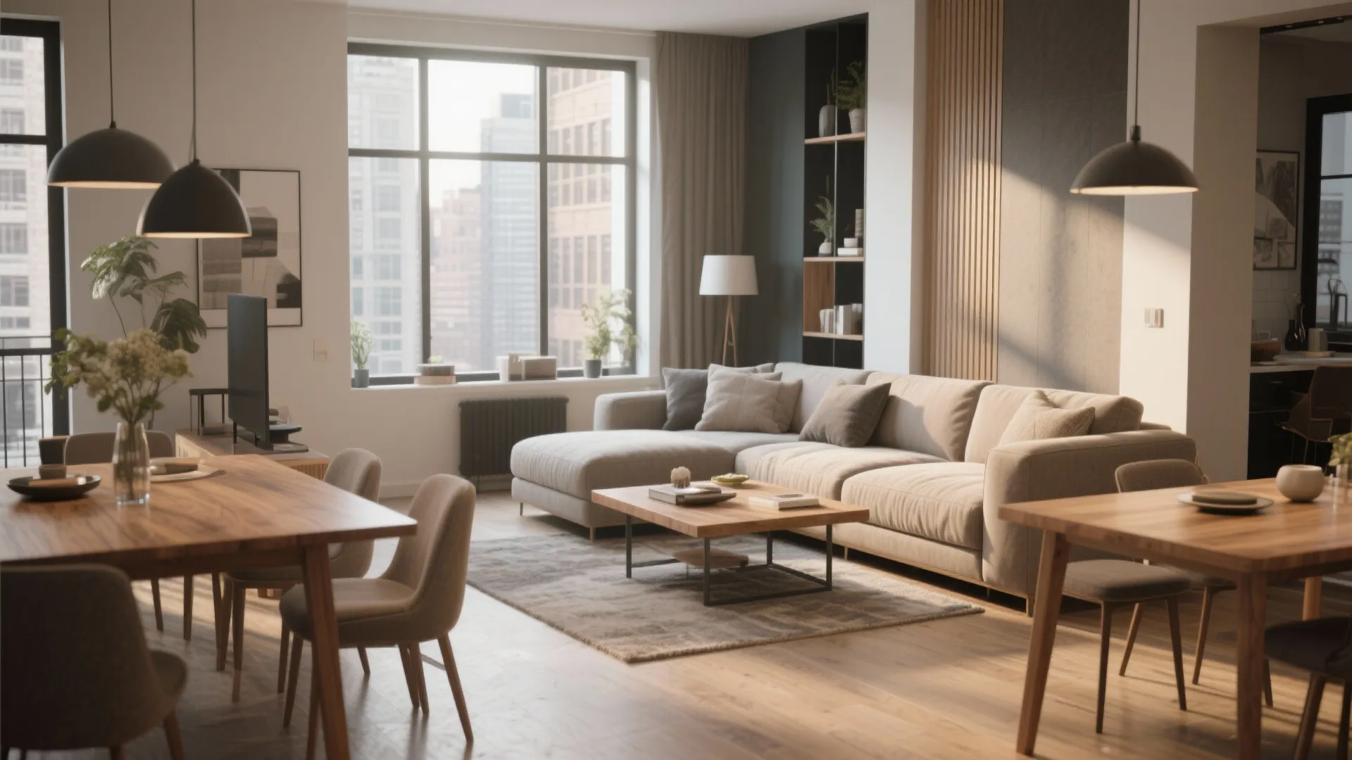 Modern open plan living room with grey sofa wooden dining table black ceiling light and windows