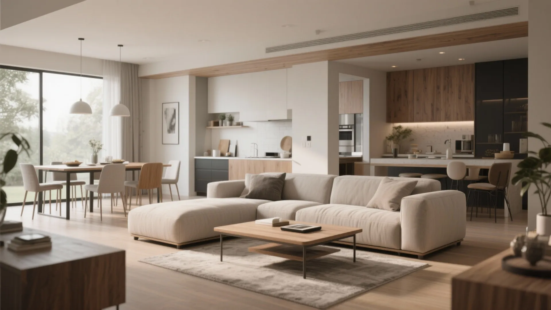 Spacious interior design drawing with large beige sofa wooden coffee table and open plan dining area