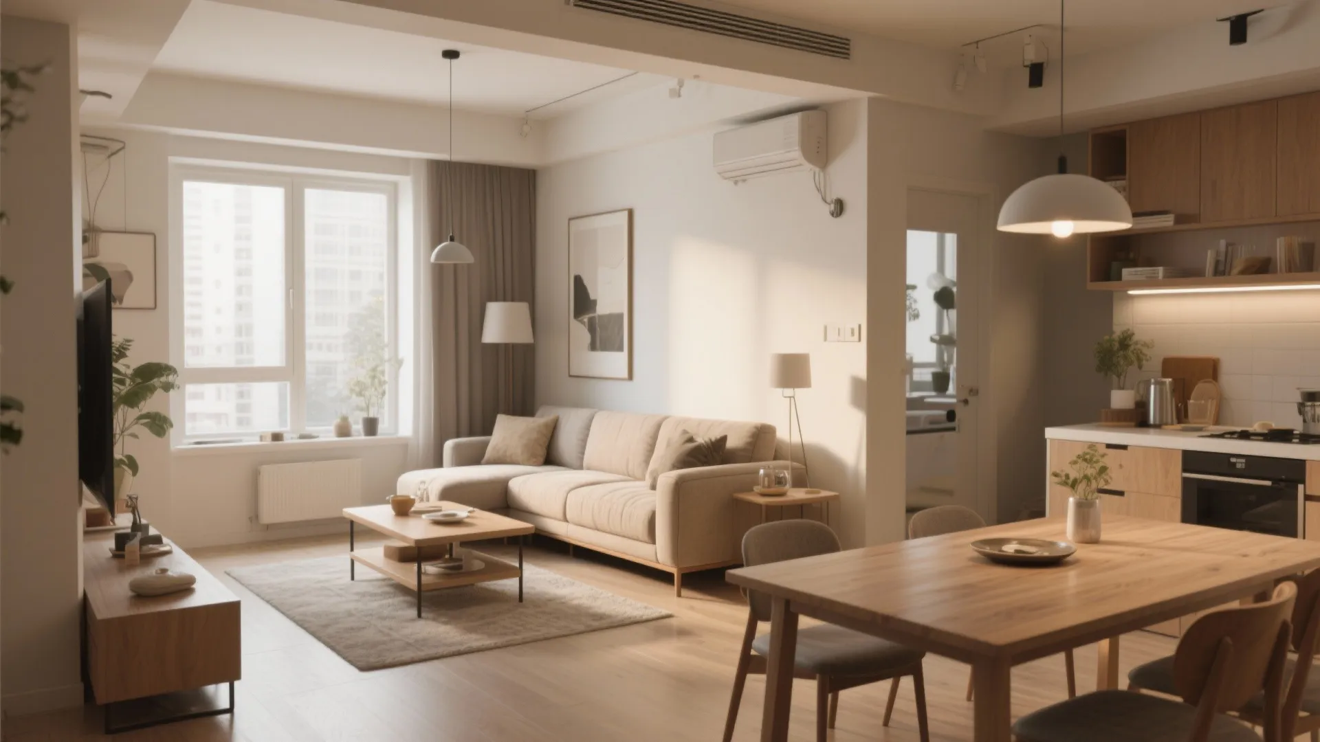 Open plan living and dining room with beige sofa, wooden table, ceiling lights and kitchen