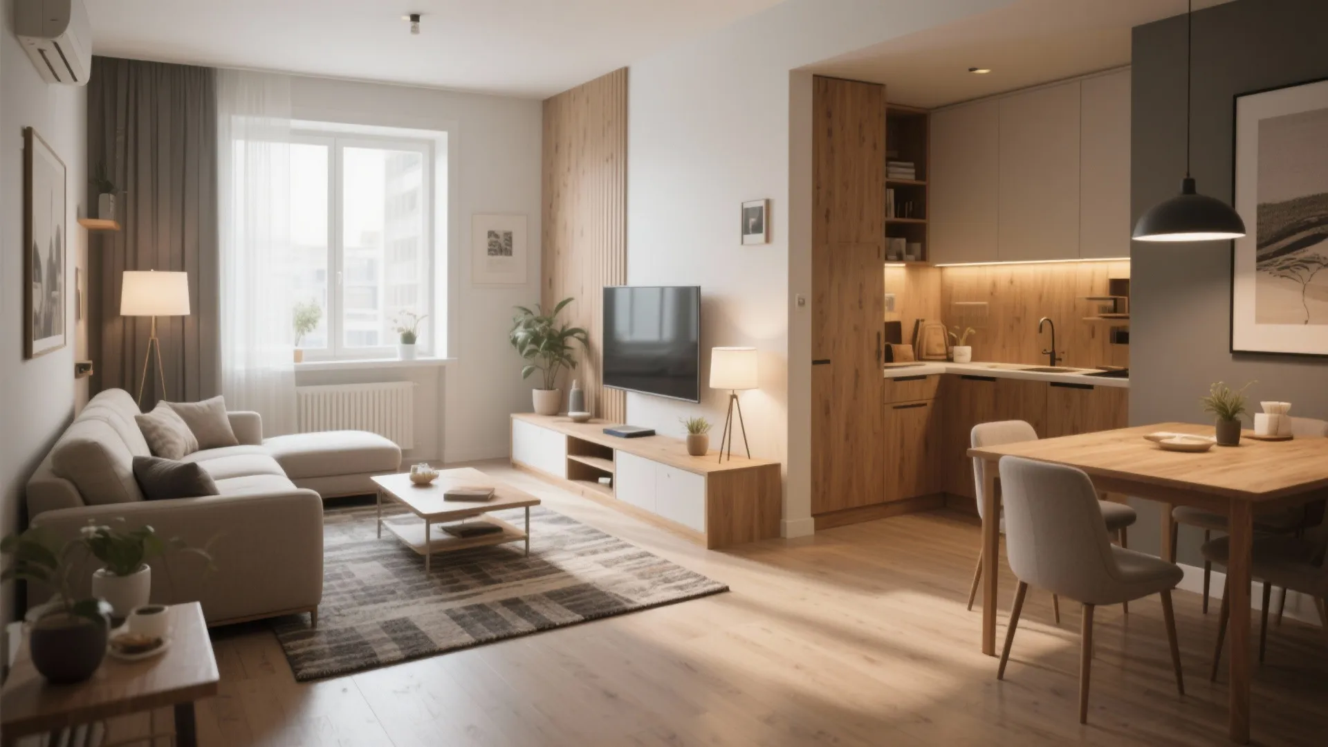 Modern open plan living room with beige sofa wood cabinet and kitchen with dining table