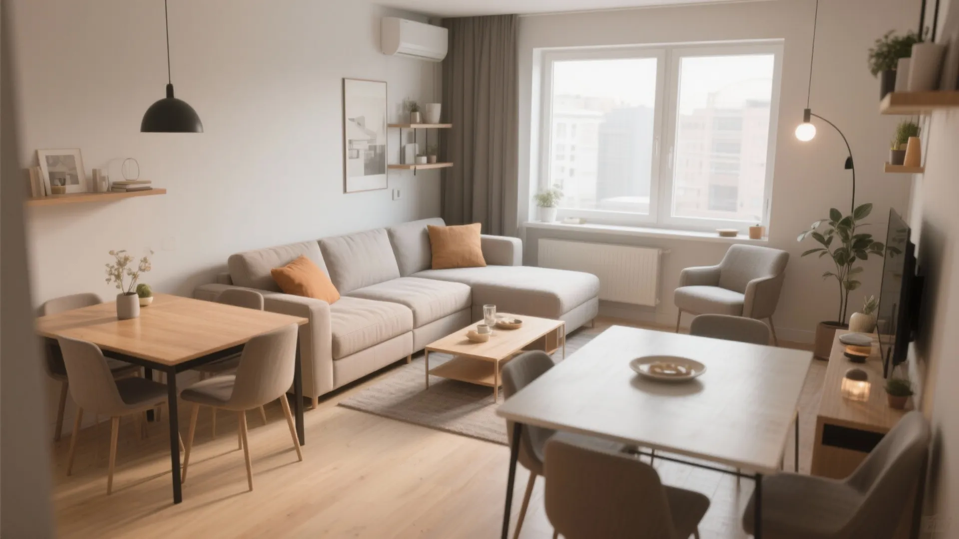 L-shaped layout for living-dining space