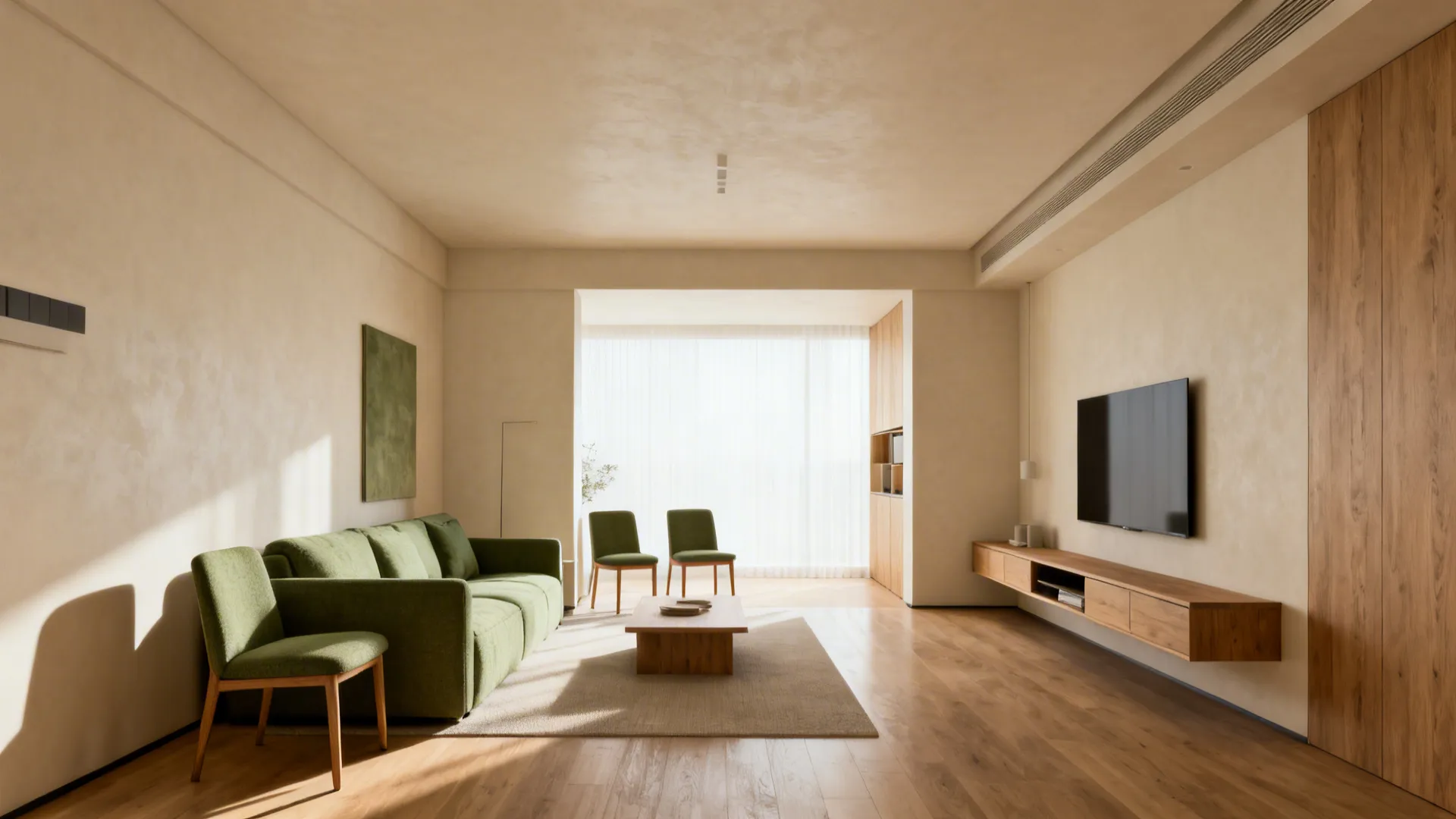 Modern living room with green sofa, wooden coffee table, television on cabinet, and wood flooring