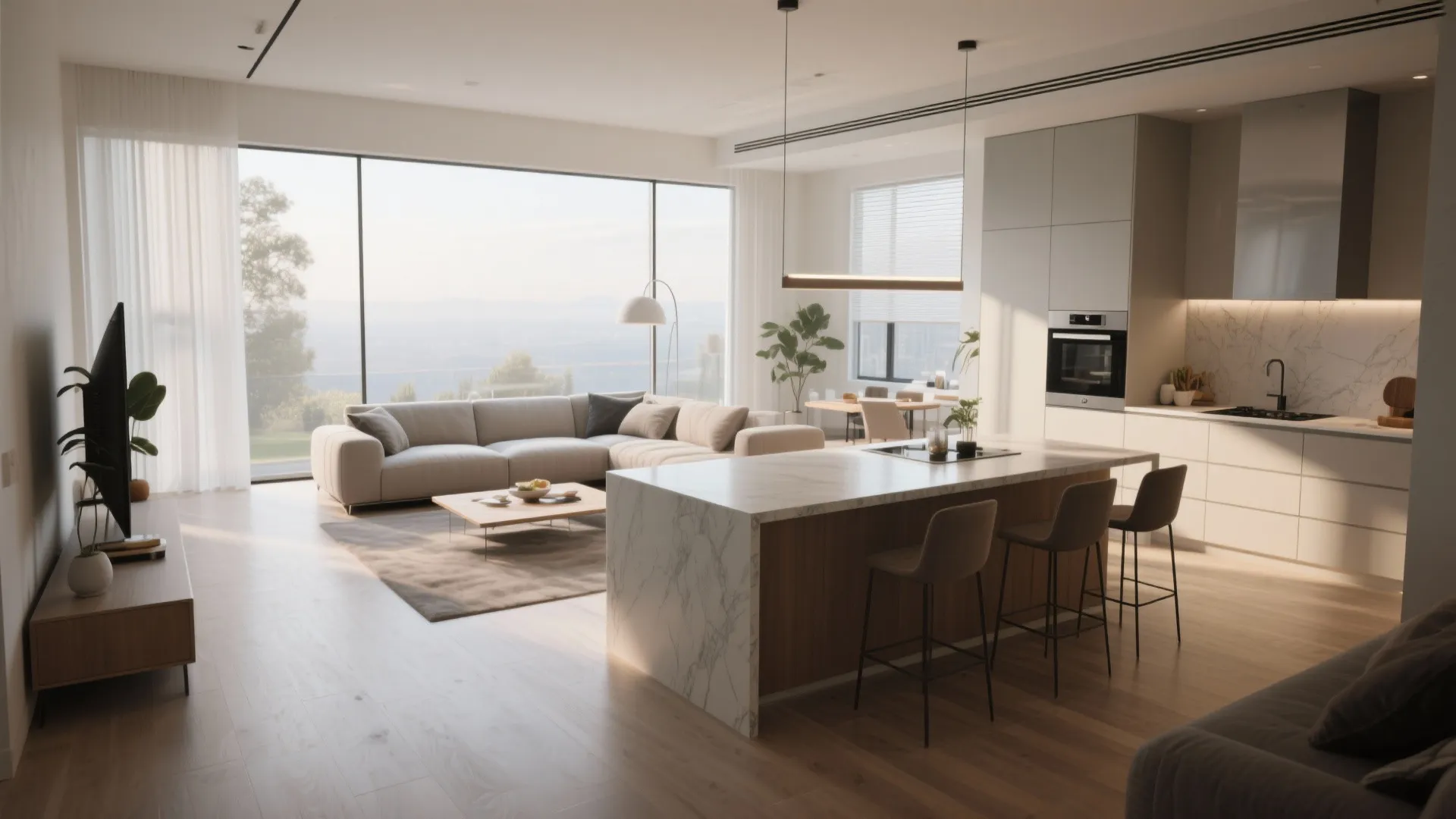 L-shaped living and cooking layout