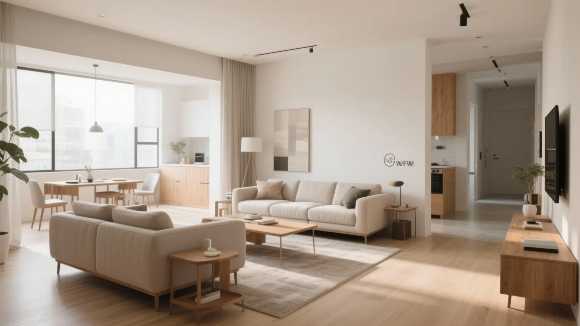 Bright open room layout with two beige sofas wooden coffee table and dining area view