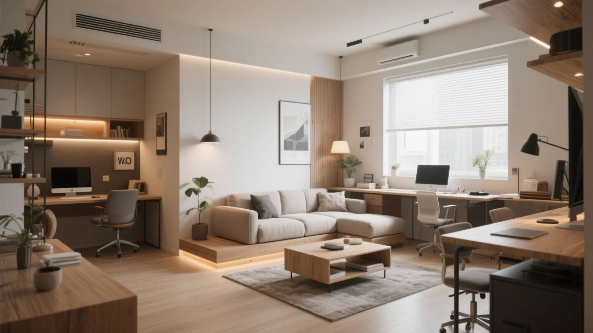 Multi-functional room layout with a beige sofa coffee table and several wooden home office desks