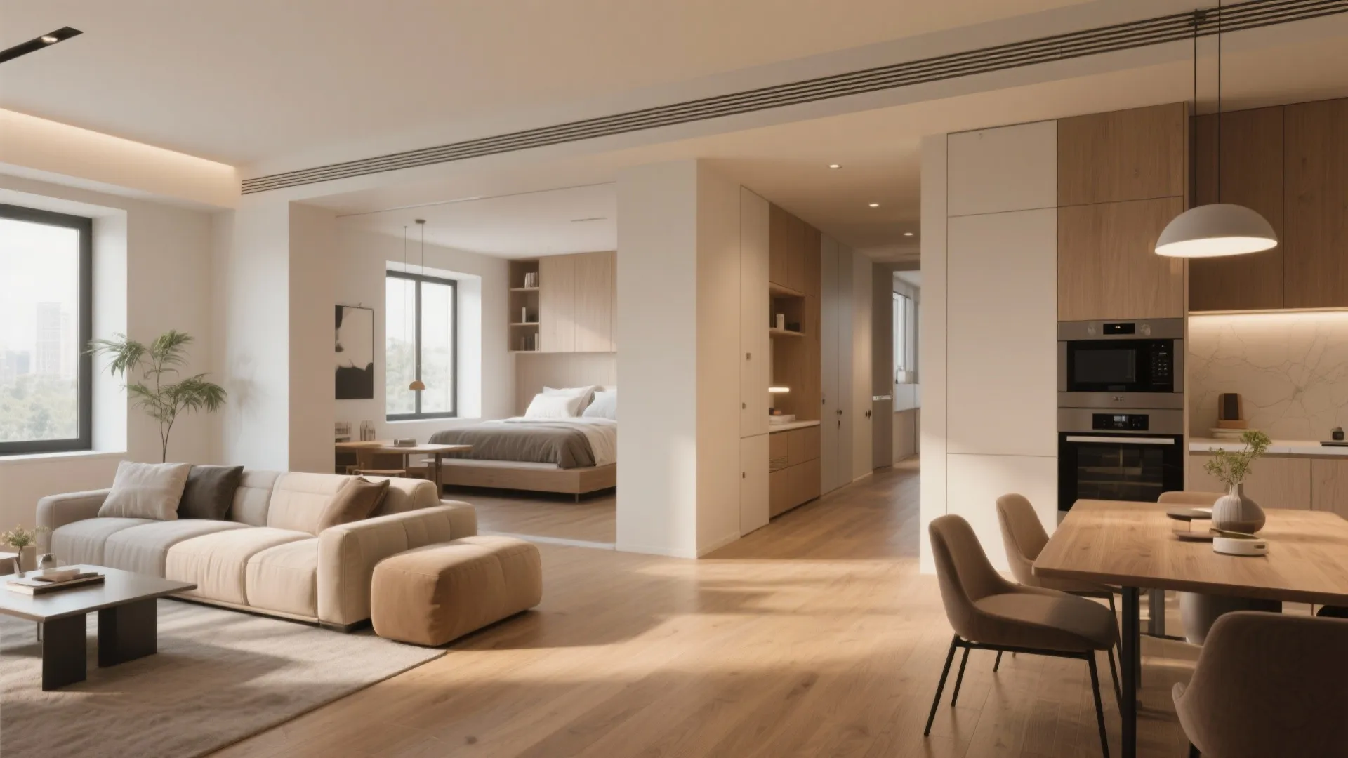 L-shaped living, dining and kitchen with a private bedroom wing and built-in corridor storage.