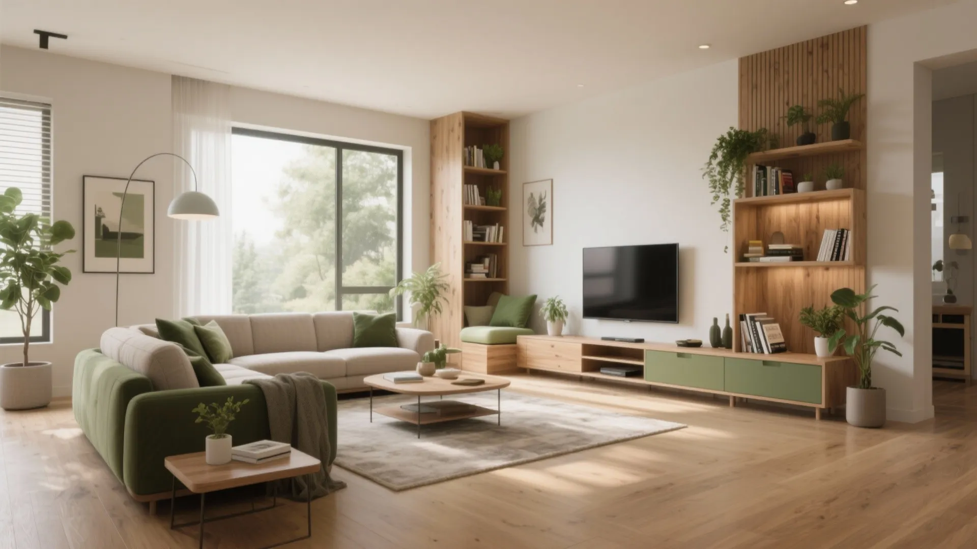 Bright living room with green sofa wooden tv cabinet wall shelves and large bright window