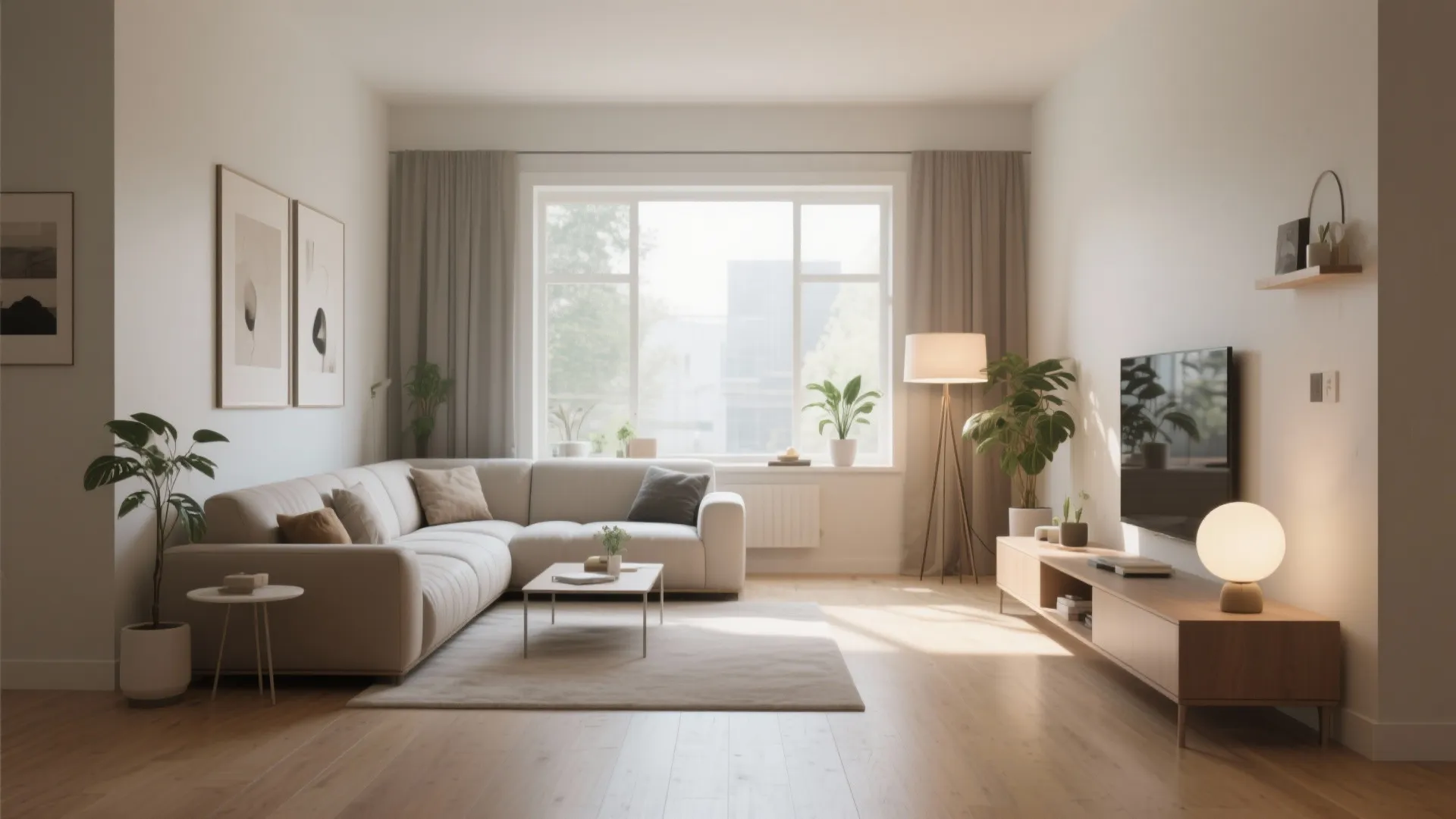 Modern bright living room with large white sofa, wooden cabinet, floor lamp, and green plants