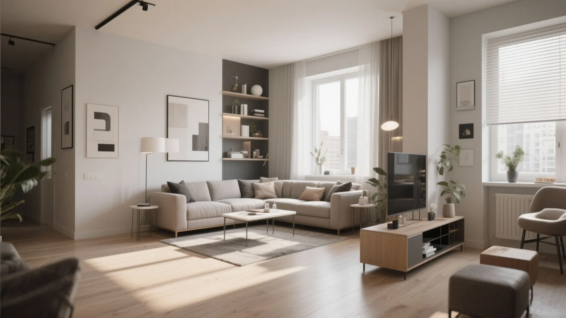 Large L-shaped sofa in a modern living room with coffee table and wooden TV cabinet