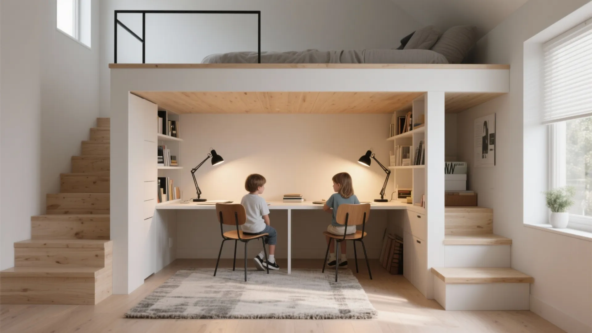 Modern white loft bed with two children sitting at a long desk with table lamps