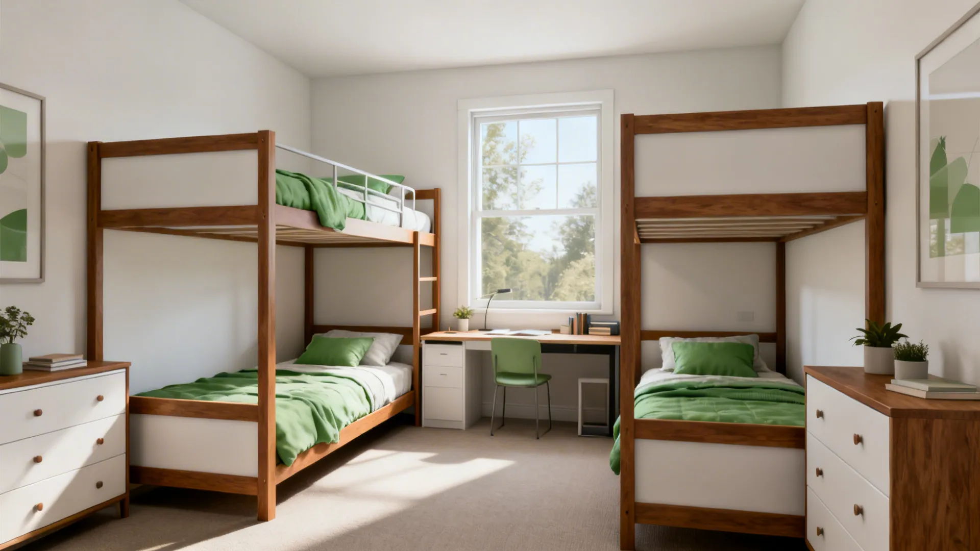 L-shaped bunk and loft combo with clear central aisle and study zone.