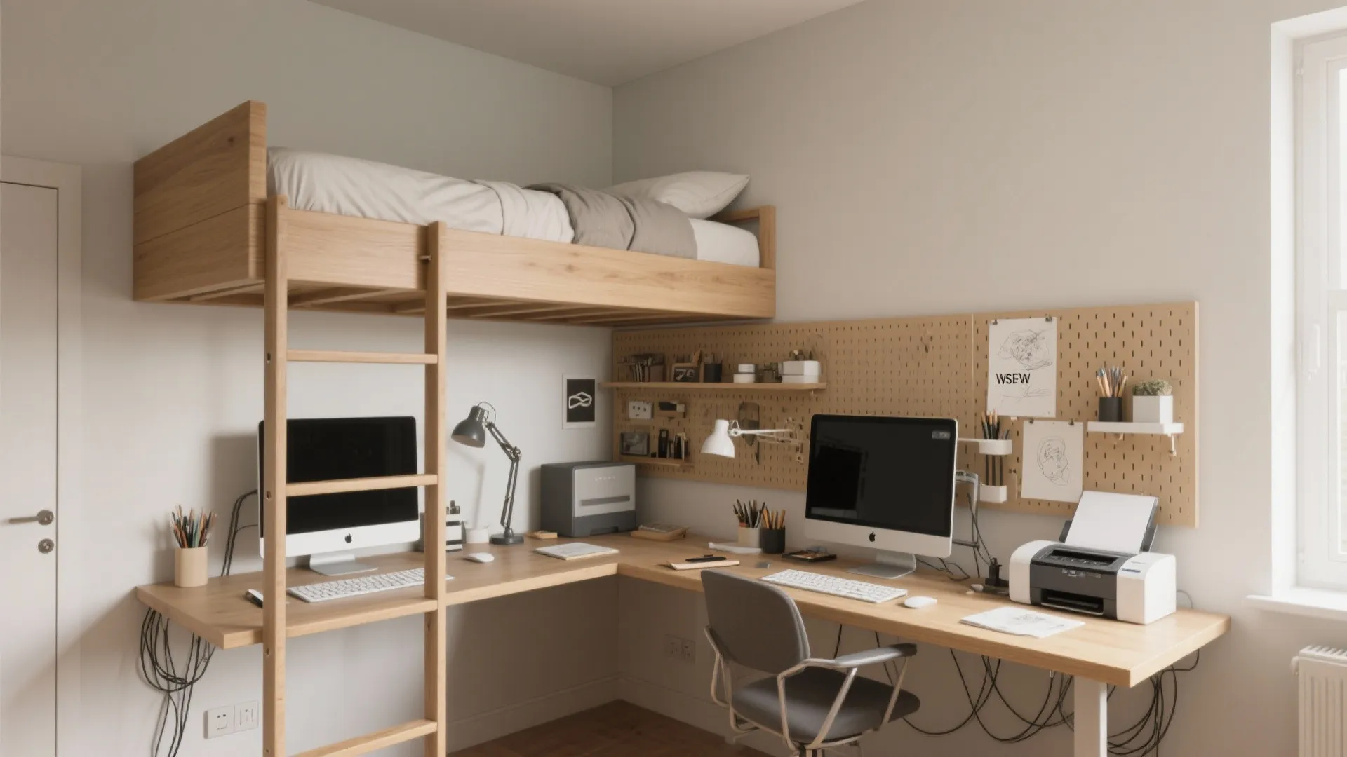 L-shaped desk under a loft bed with monitor arm, pegboard, and organized gear.
