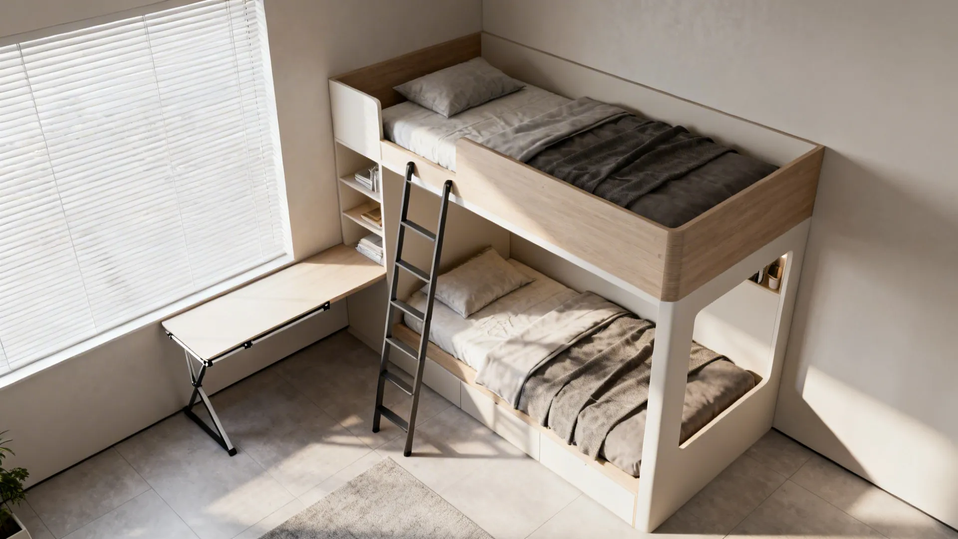 俯视图：L形高低床与转角阁楼书桌，展示流线与折叠桌设计