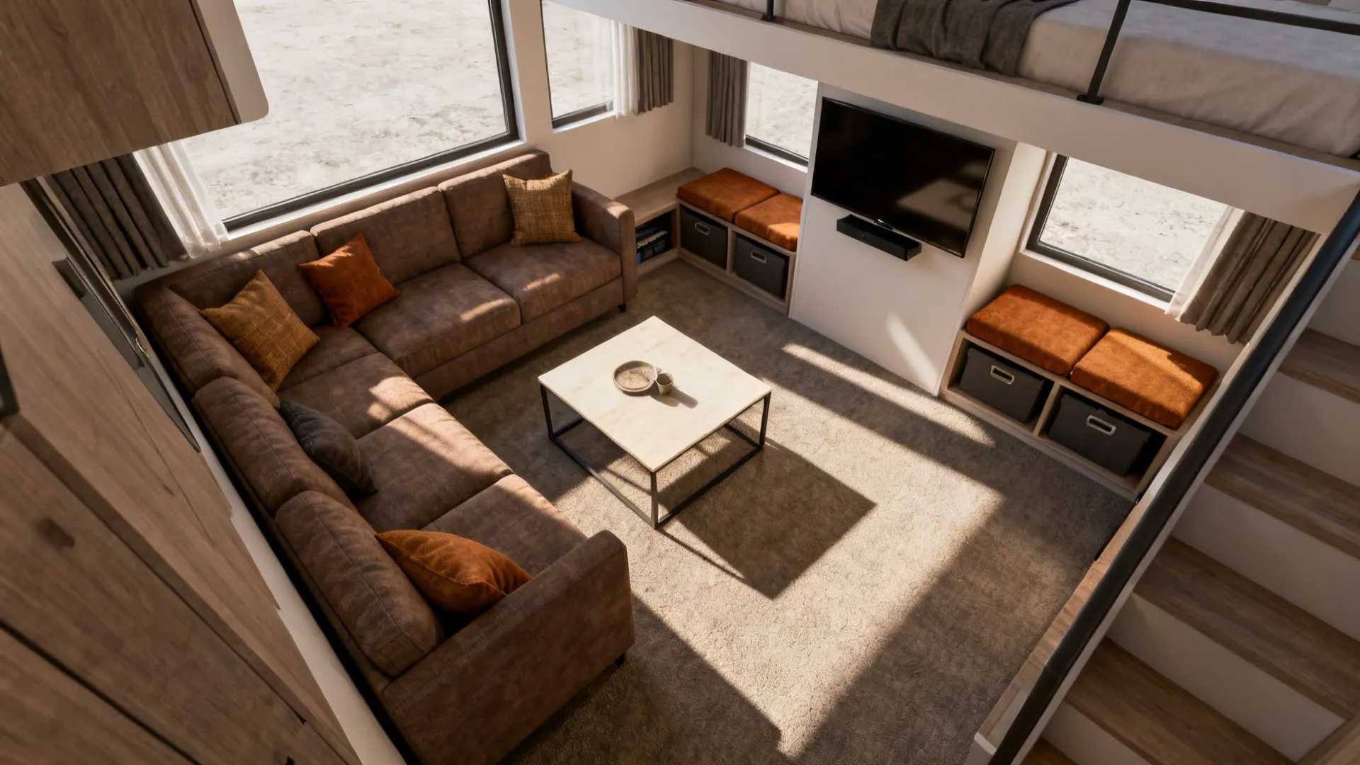 L-shaped loft creating a cozy seating area beneath with sofa and storage ottomans.