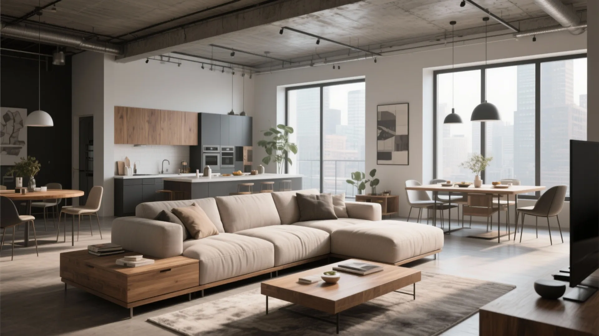 L-shaped sectional sofa defining spaces in an open-plan loft