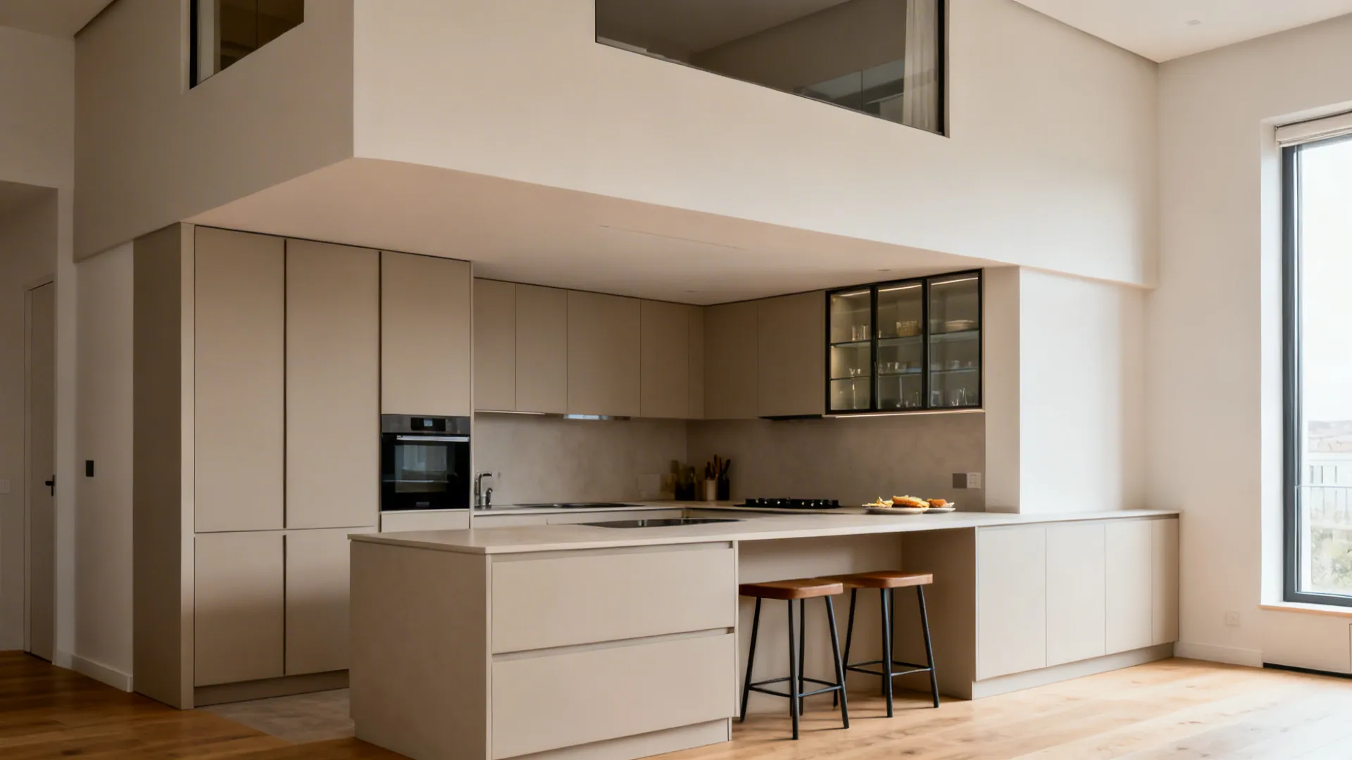 L-shaped small kitchen with a continuous loft wrapping the corner and long counters.