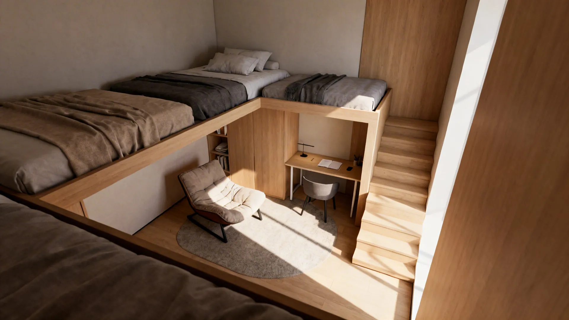 L-shaped loft beds freeing a corner for a study nook with desk and lounge seating, warm wood tones.