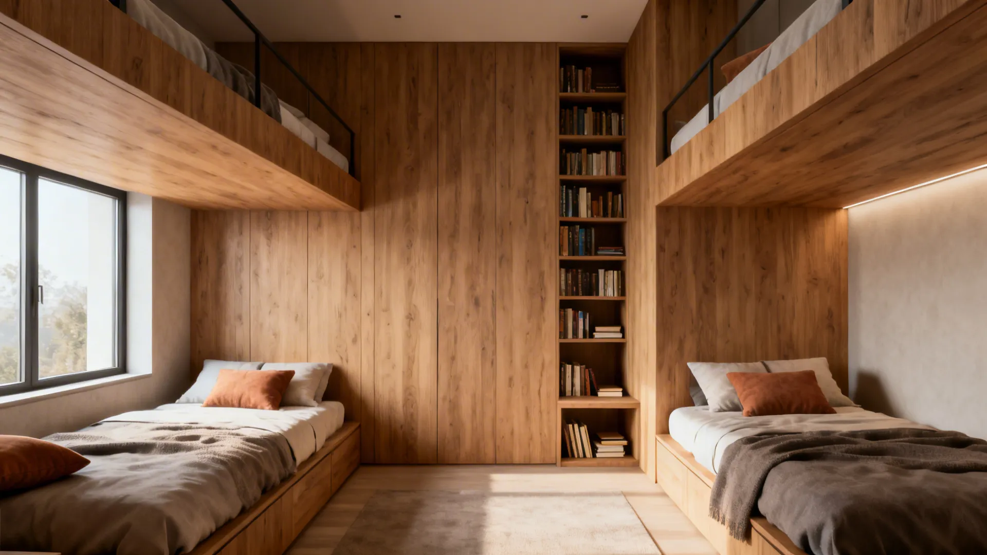 Modern wooden bedroom featuring two loft beds, integrated bookshelves, and natural light from the window