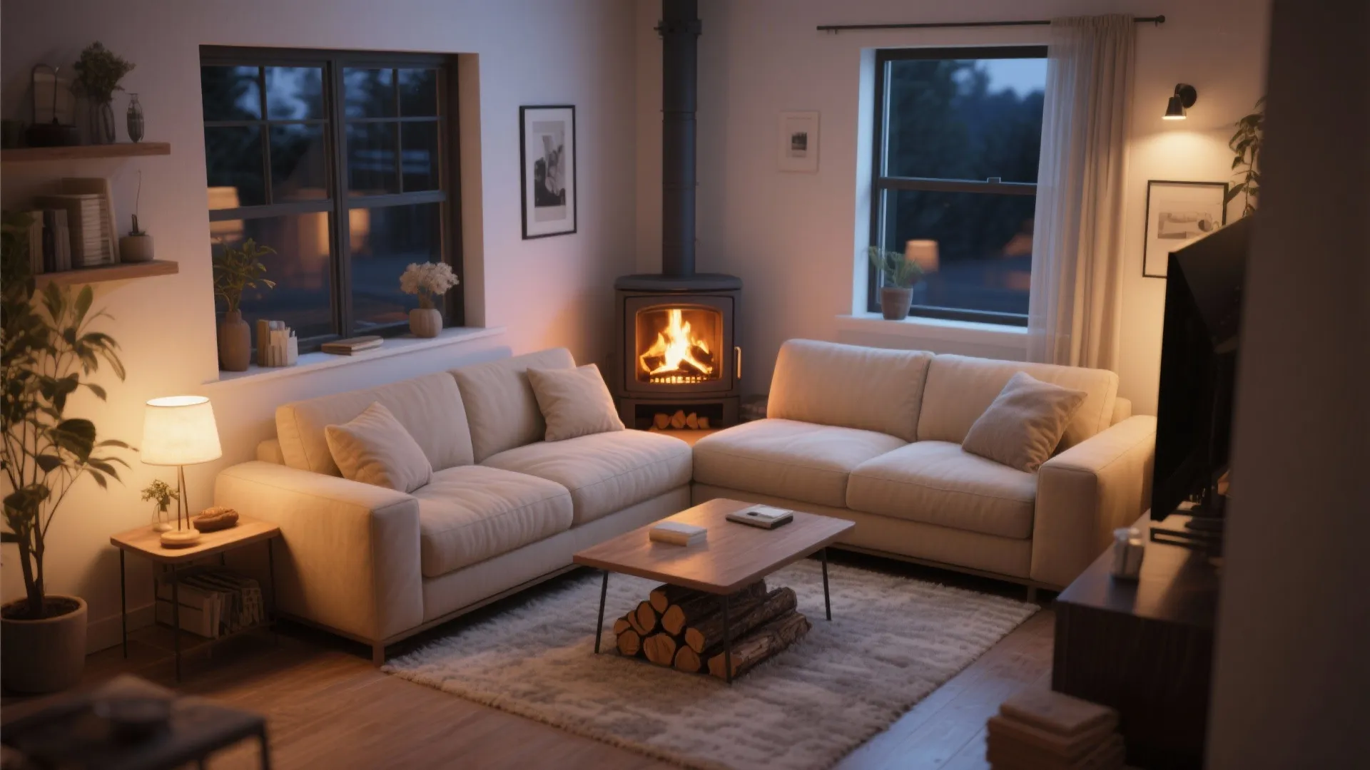 L-shaped sofa arrangement around a log burner