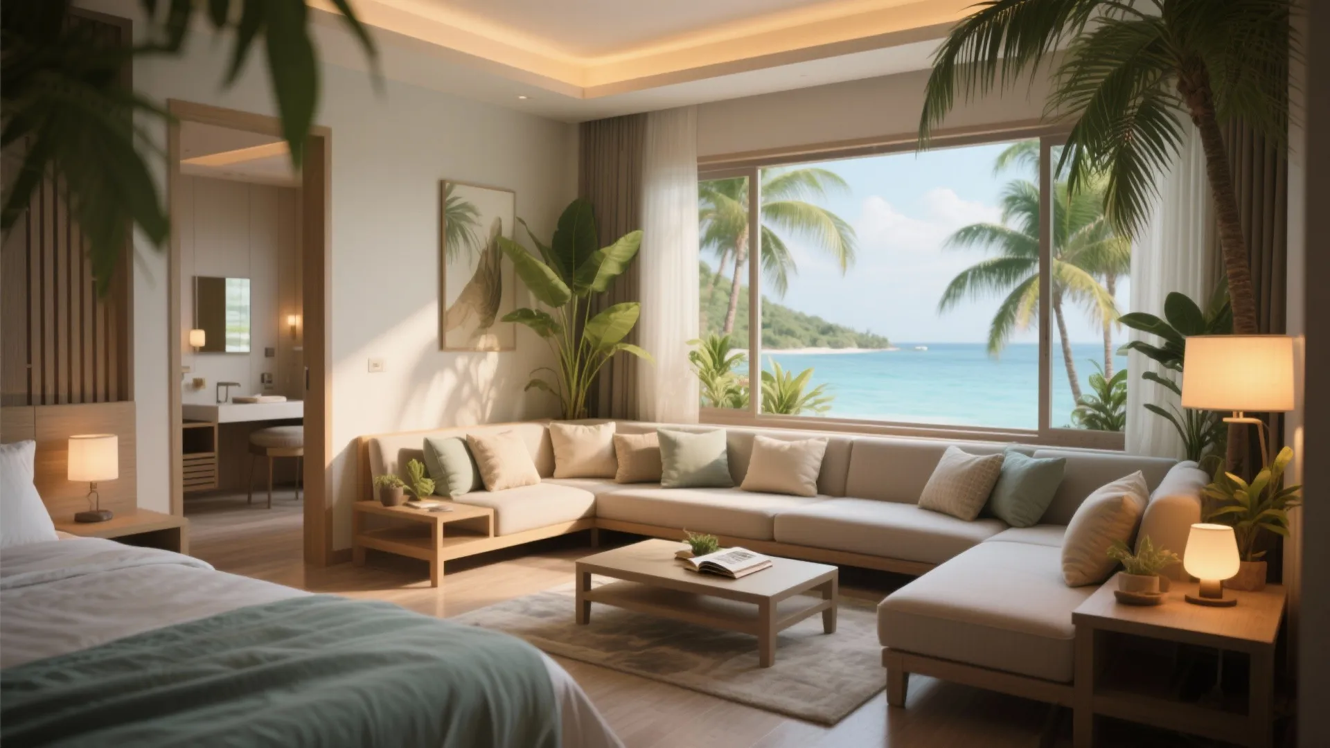 Tropical suite with beige sofa and large windows looking out to the ocean and palms