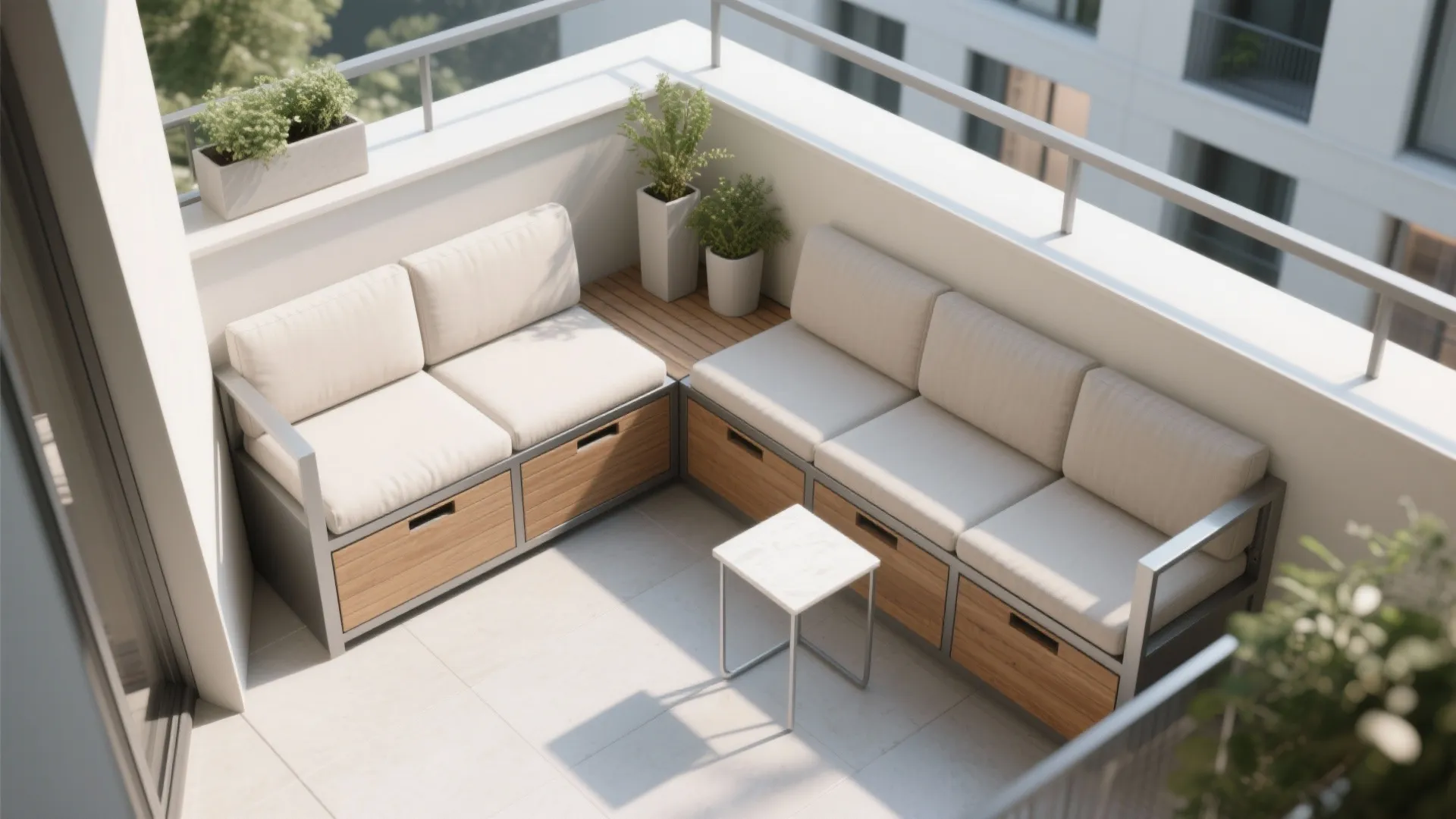 Top-down of a small balcony with a slim L-shaped bench, hidden storage, and an open center walkway.