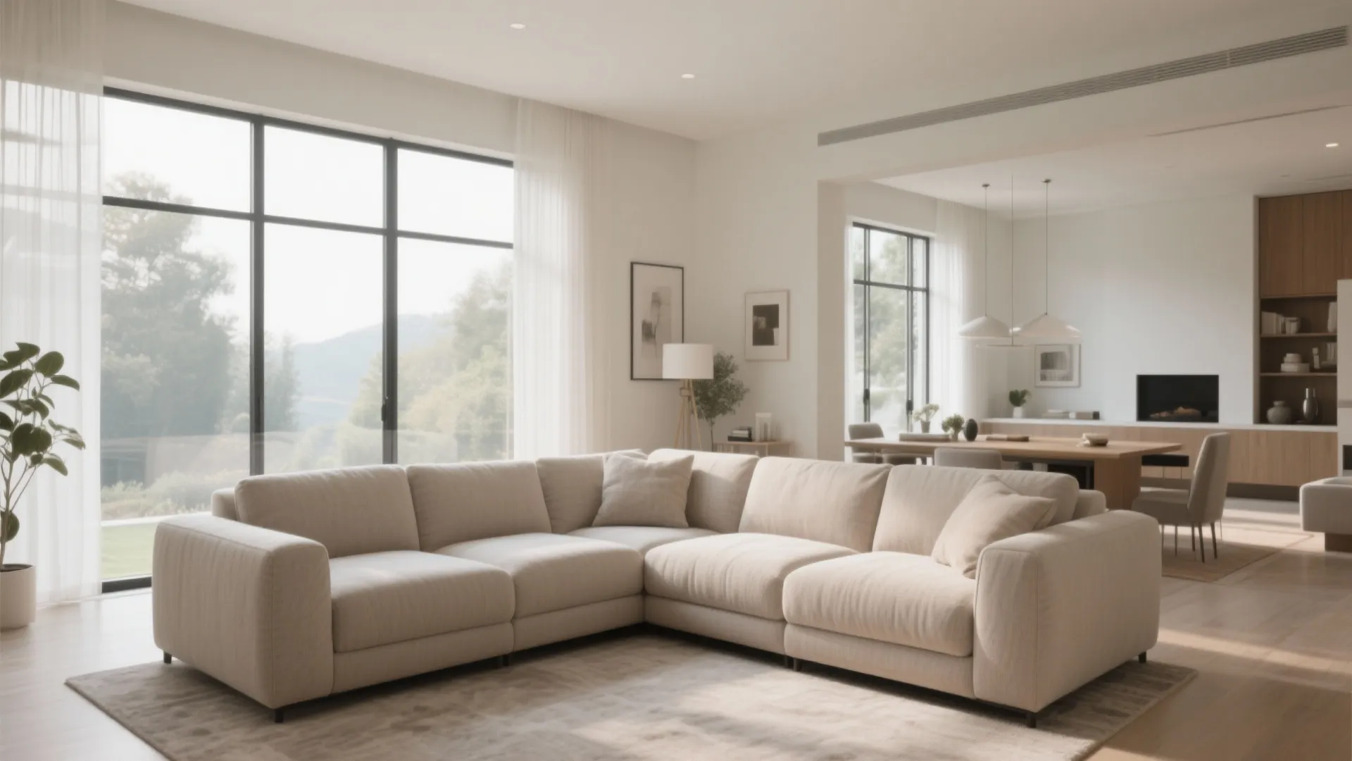 Bright open living room with large beige sofa near big windows and wooden dining table