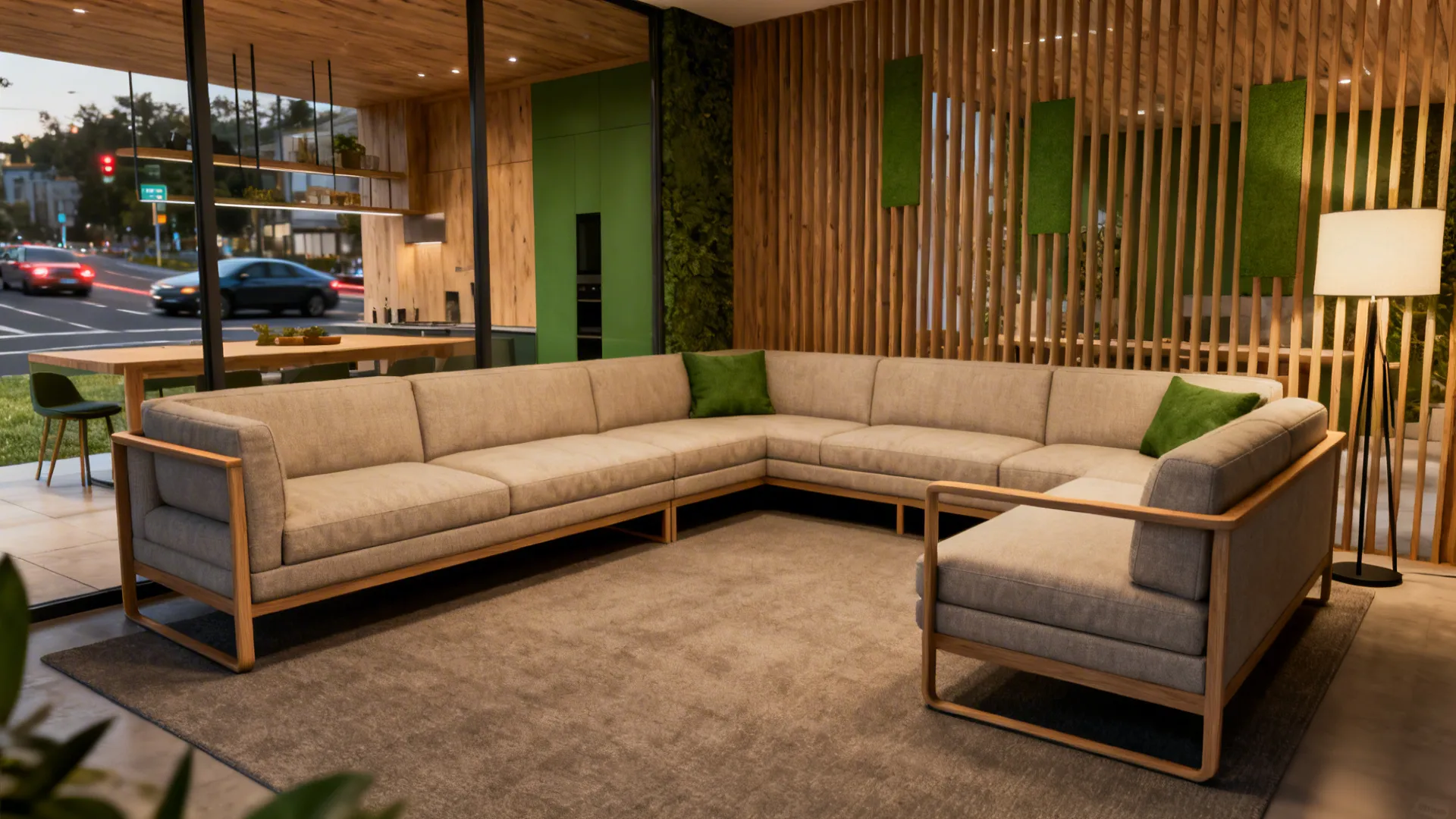 L-shaped sofa layout with a compact loveseat tucked at a right angle, creating a cozy corner.