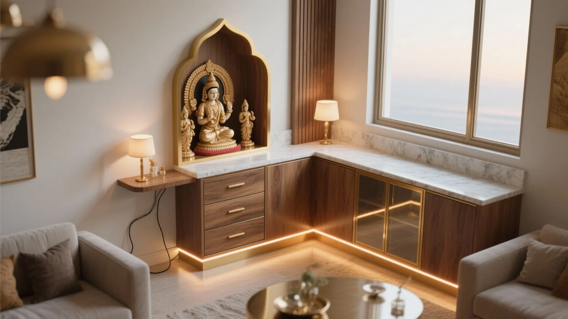 Compact L-shaped mandir niche with storage and an idol shelf illuminated by warm LEDs