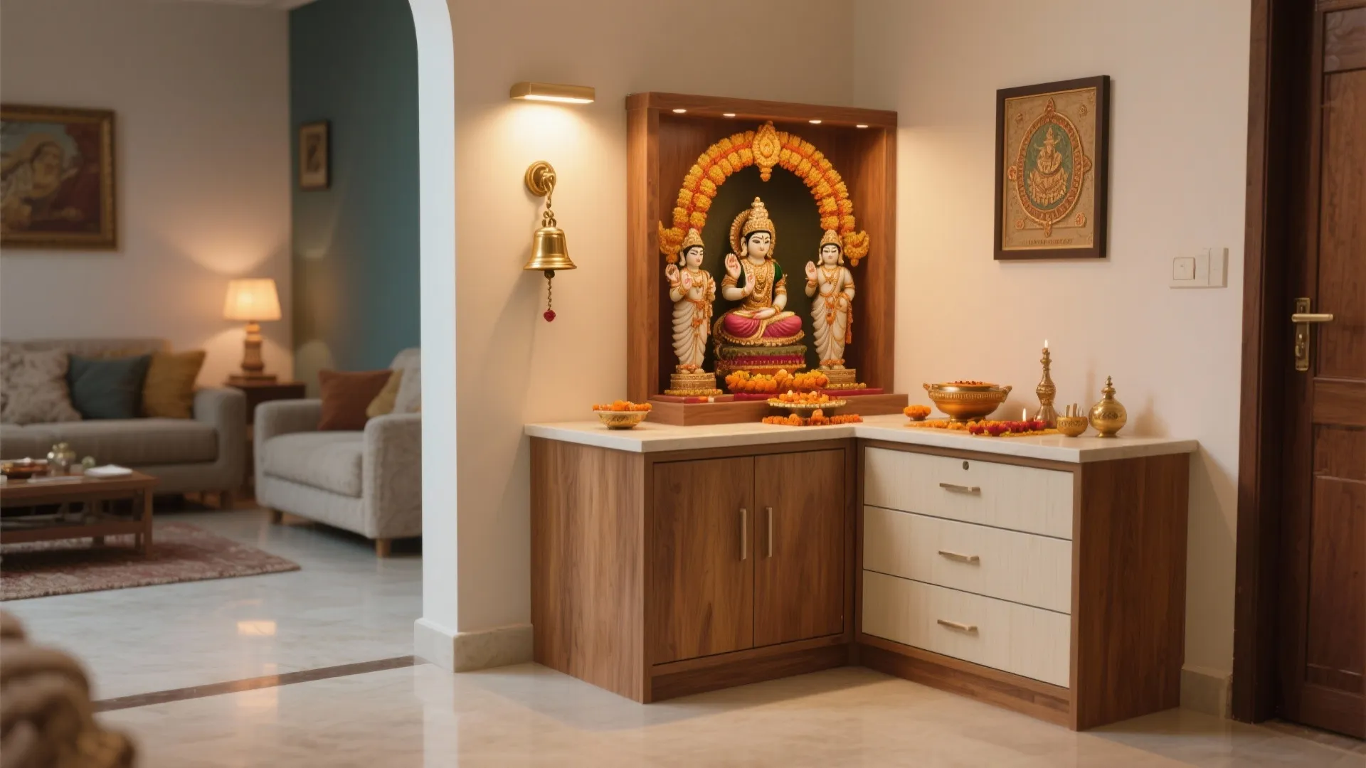 Corner pooja mandir with L-shaped platform, concealed drawers, and layered lighting in a hall.