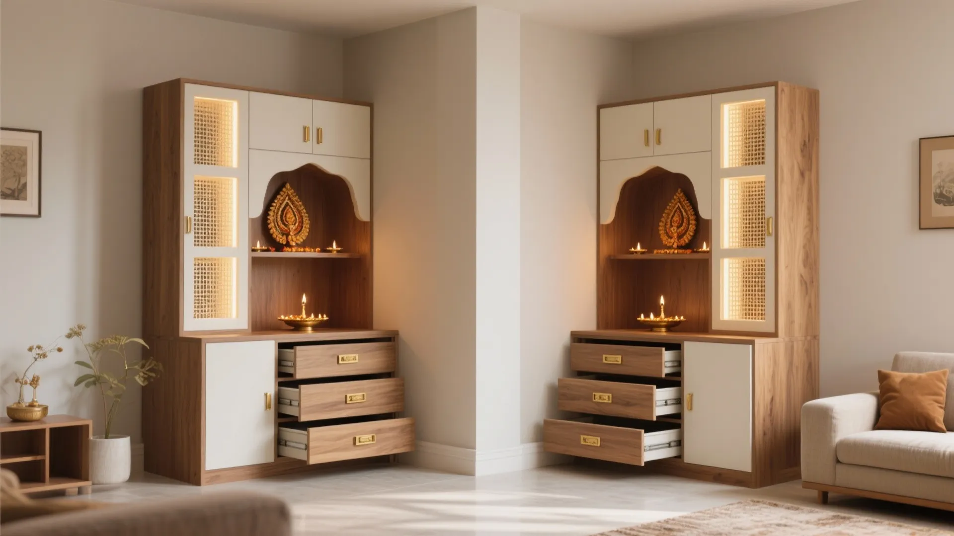 Two symmetrical wooden cabinets with white doors open drawers built in lights and decorative items