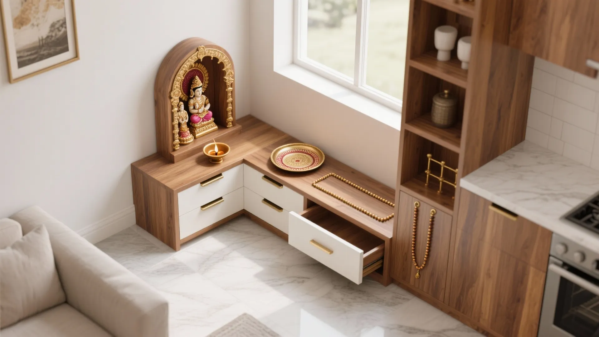 Compact L-shaped mandir nook