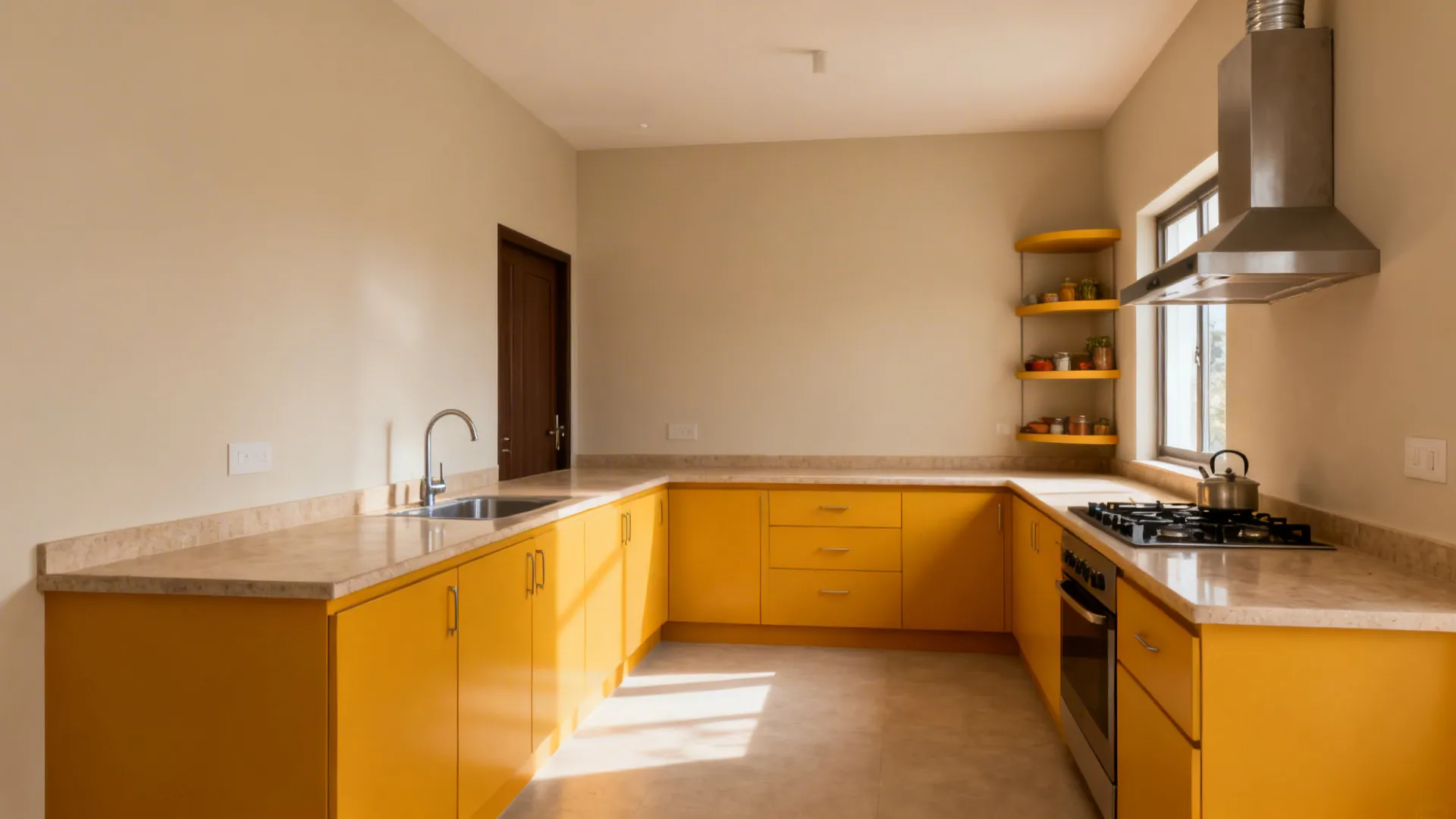 Small L-shaped kitchen with marigold base cabinets and continuous counter space.
