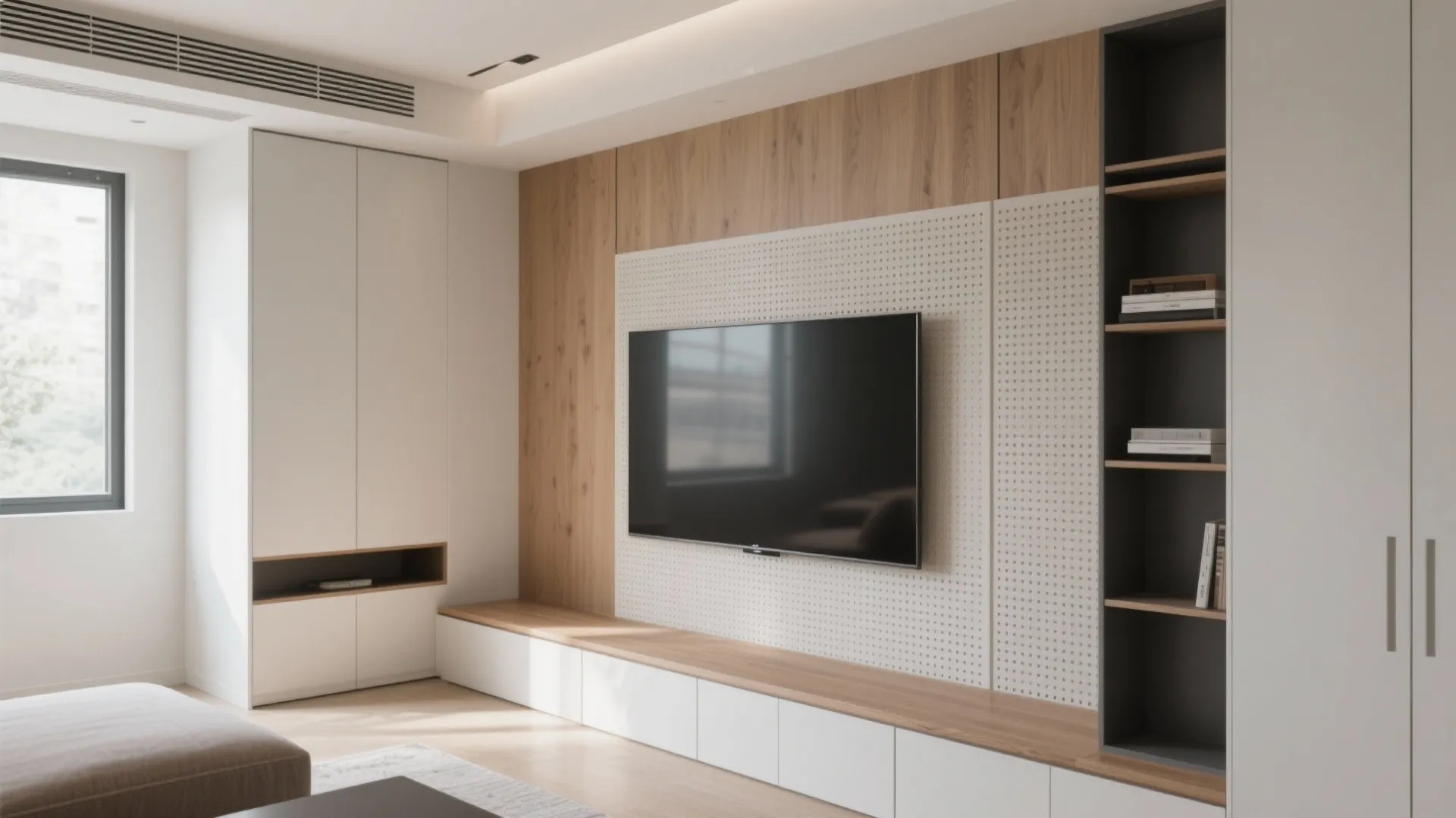 Modern living room featuring wood wall paneling white storage cabinets a television and open shelving