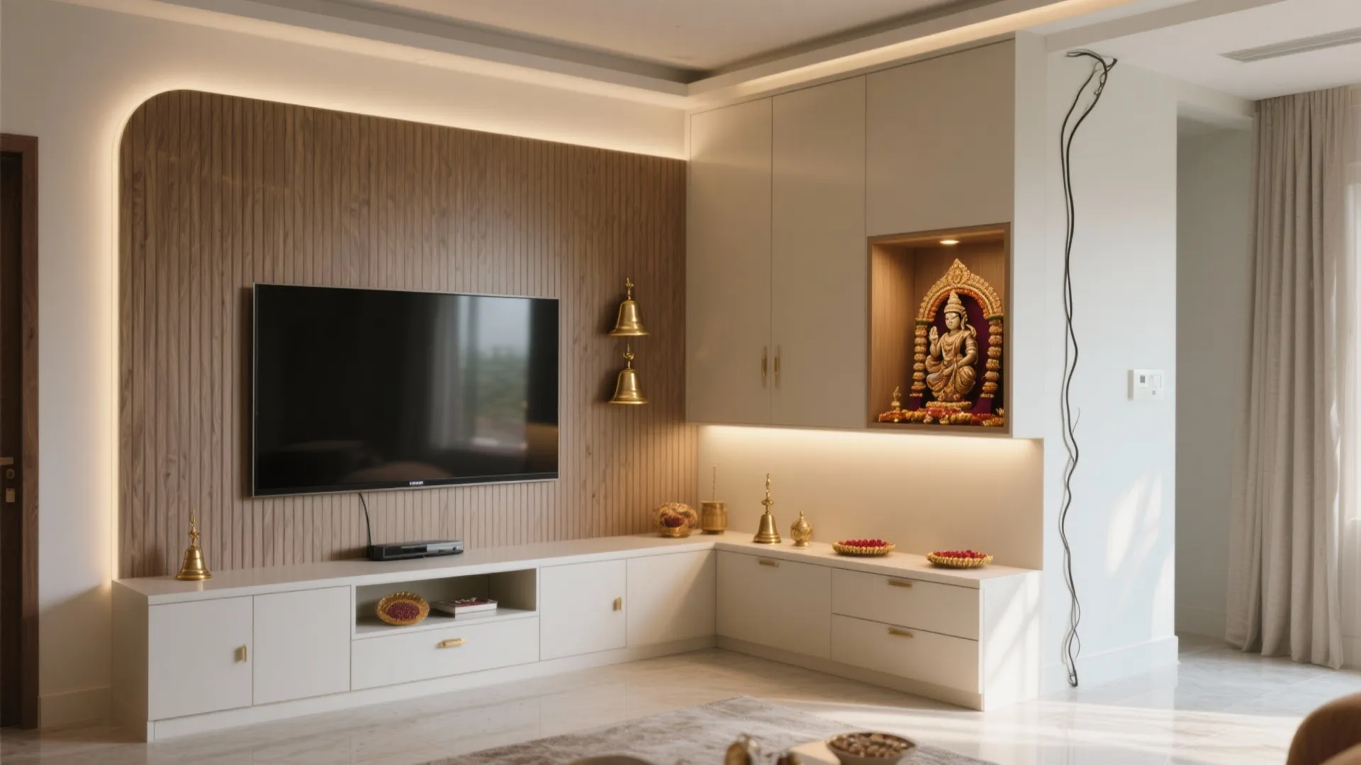 Asymmetrical L-shaped TV and pooja wall for small living rooms